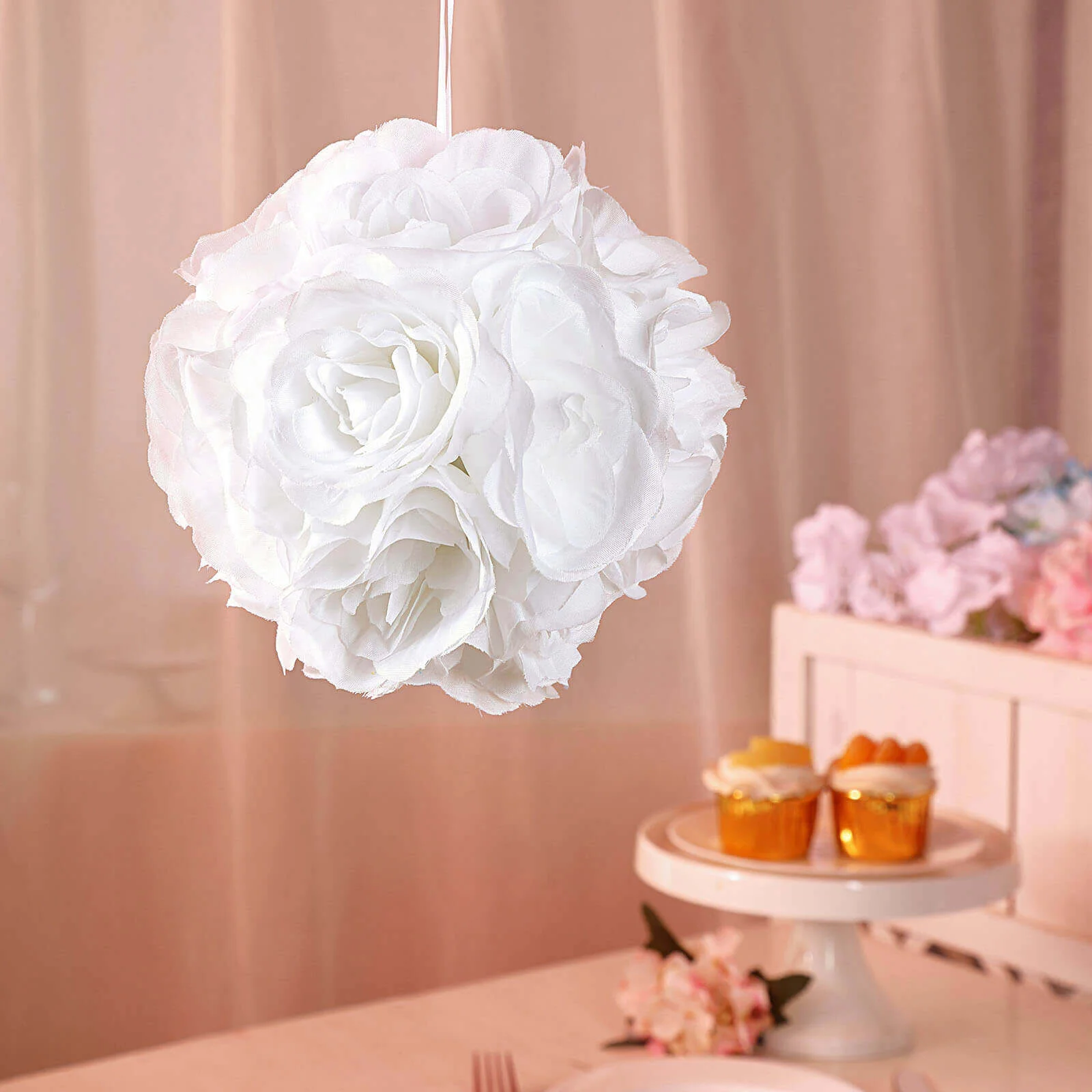 2 Pack White Artificial Silk Rose Kissing Ball, Faux Flower Ball 7" - Image 6