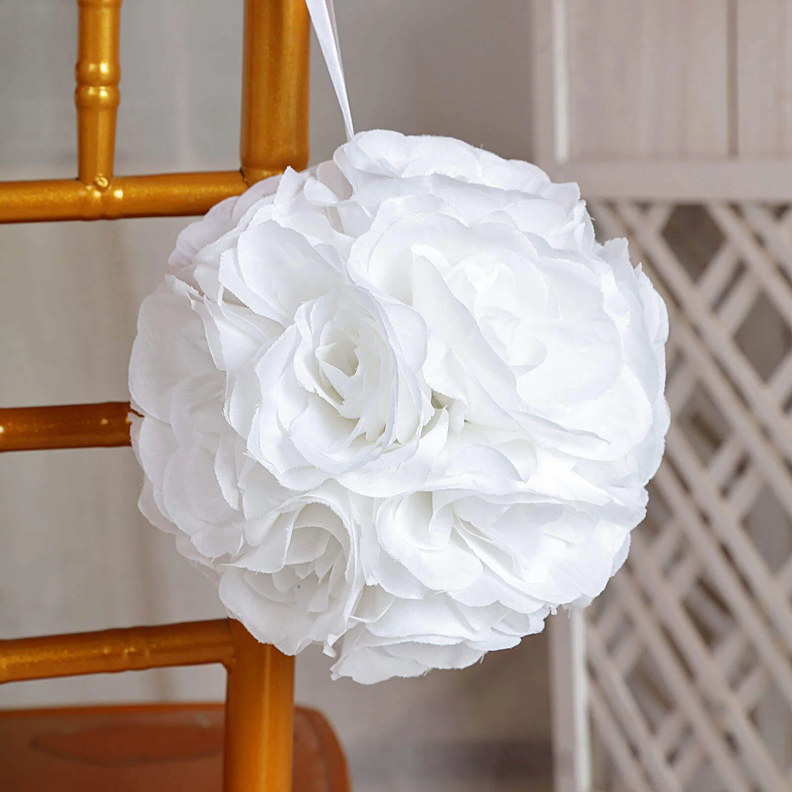 2 Pack White Artificial Silk Rose Kissing Ball, Faux Flower Ball 7" - Image 7