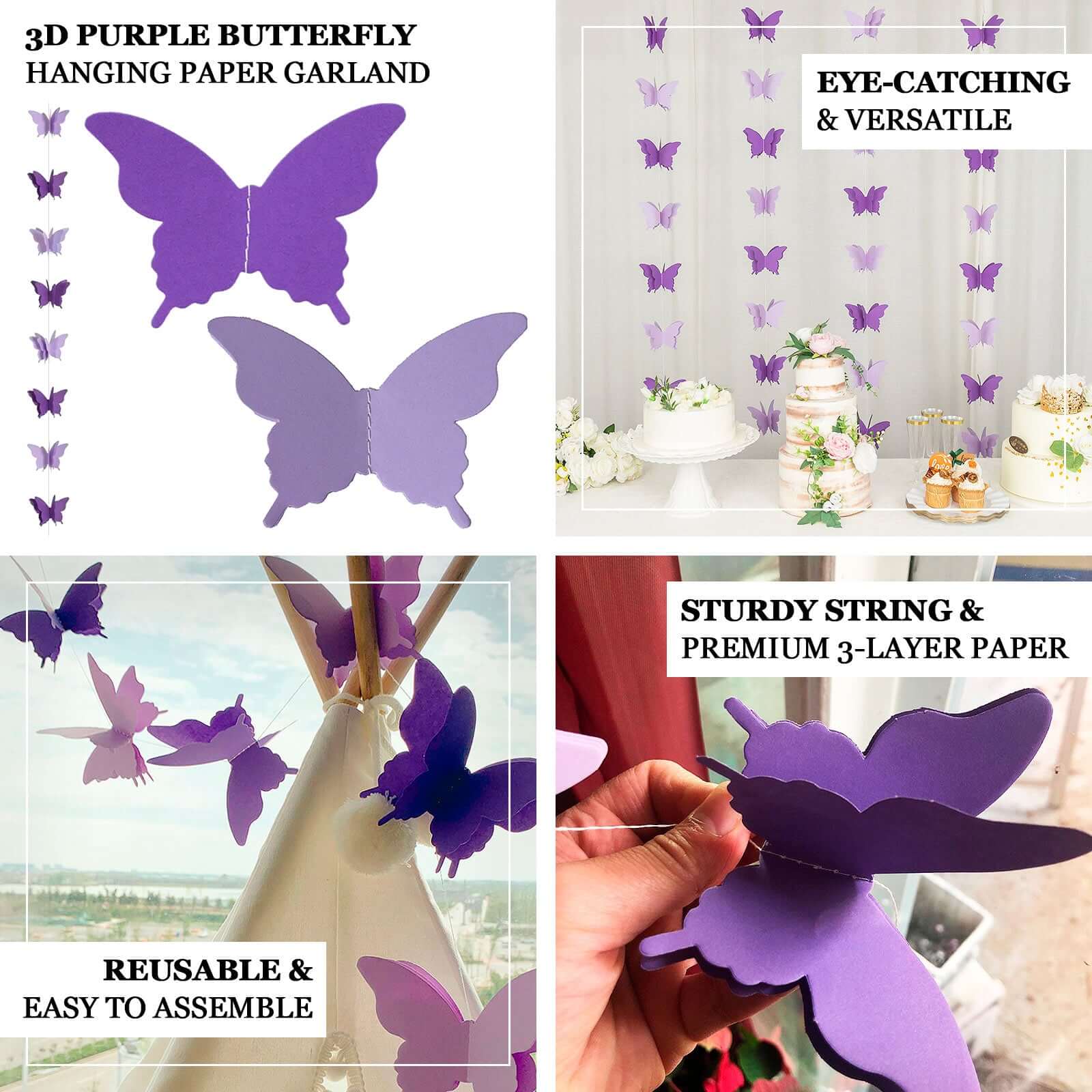 2 Pack Purple 3D Paper Butterfly String Banners, Hanging Garland Party Streamers 9ft - Image 4