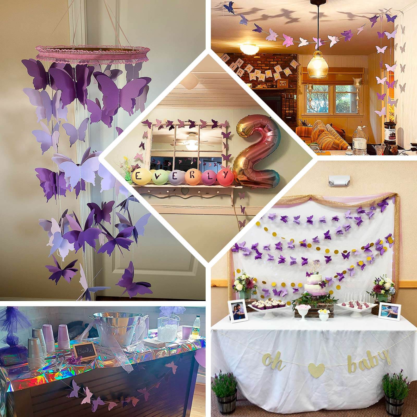 2 Pack Purple 3D Paper Butterfly String Banners, Hanging Garland Party Streamers 9ft - Image 5