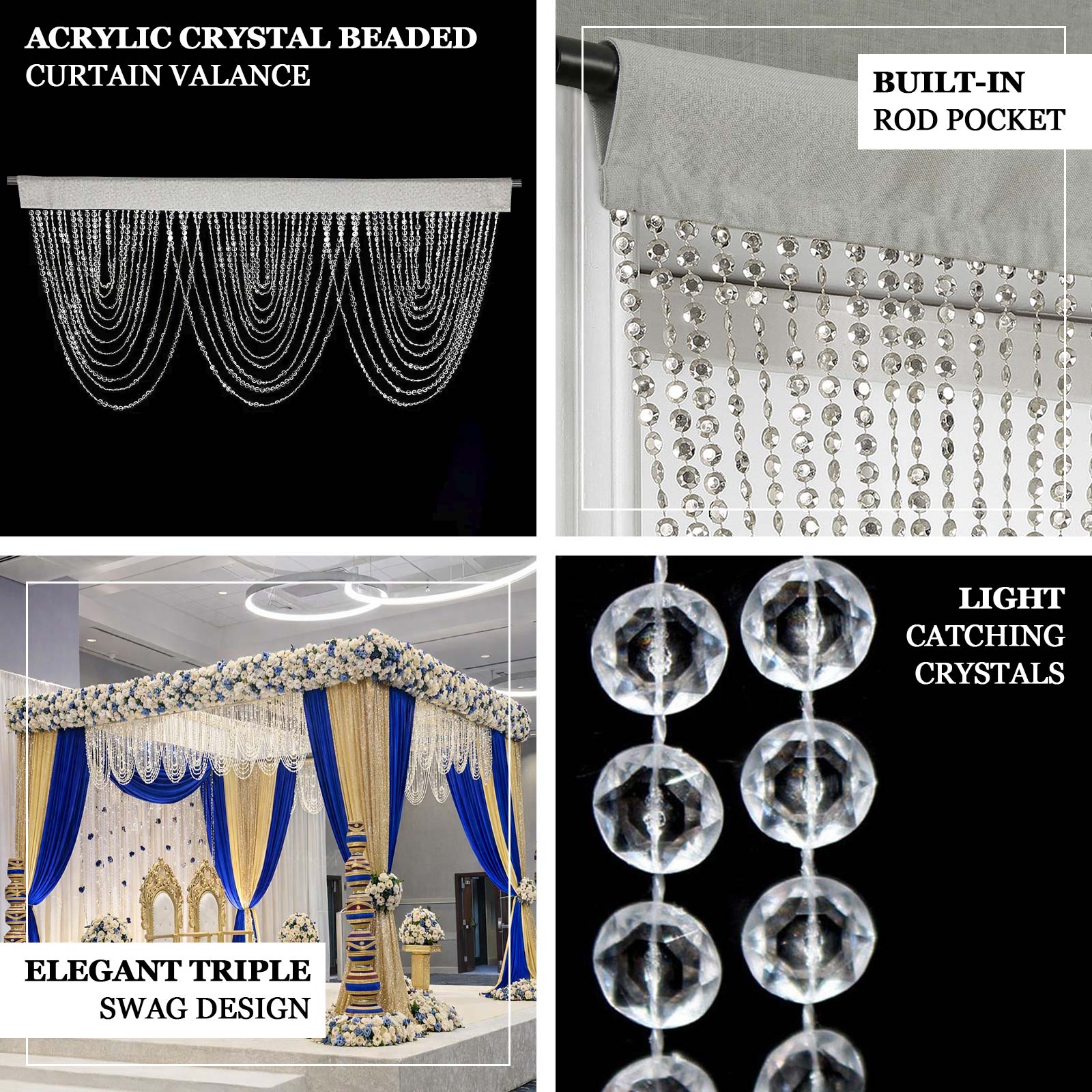 2 Pack Acrylic Crystal Beaded Curtain Valance with Fabric Top Rod Pocket, Triple Swag Diamond Cut Doorway Curtains - 23"x42" - Image 4