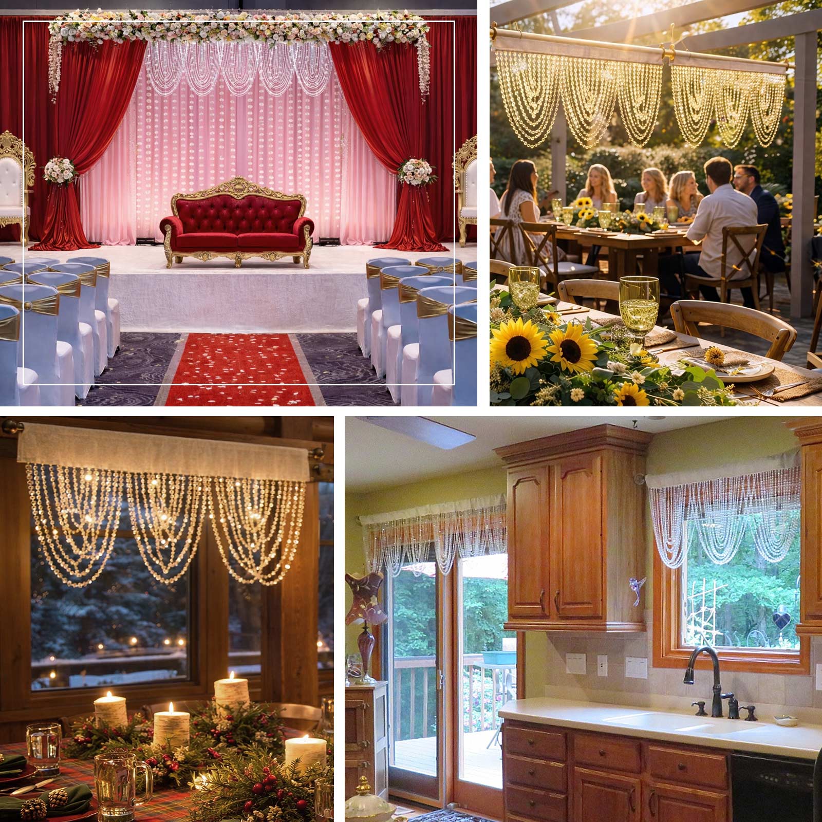2 Pack Acrylic Crystal Beaded Curtain Valance with Fabric Top Rod Pocket, Triple Swag Diamond Cut Doorway Curtains - 23"x42" - Image 5