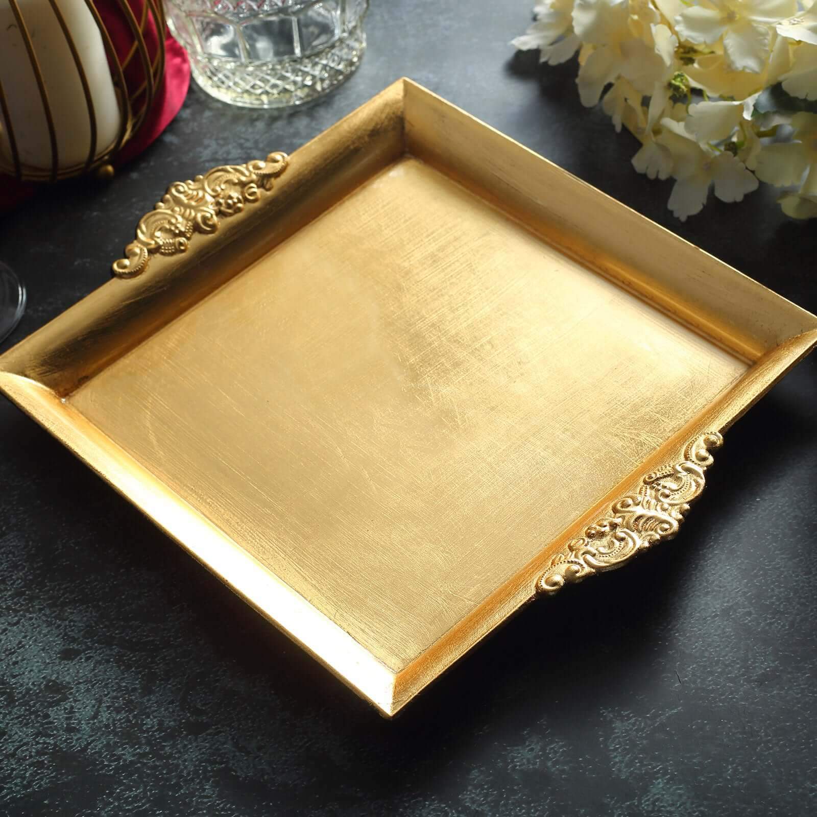2-Pack Acrylic Serving Trays 10" Square Metallic Gold with Embossed Handles - Decorative Dinner Party Food Platters - Image 2