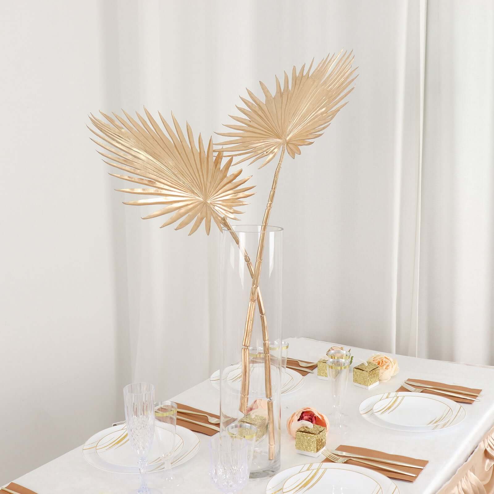 2-Pack Artificial Fan Palm Leaf Stems 34" Metallic Gold - Tropical & Stylish Faux Plant Floral Arrangement Table Centerpiece Decor - Image 2