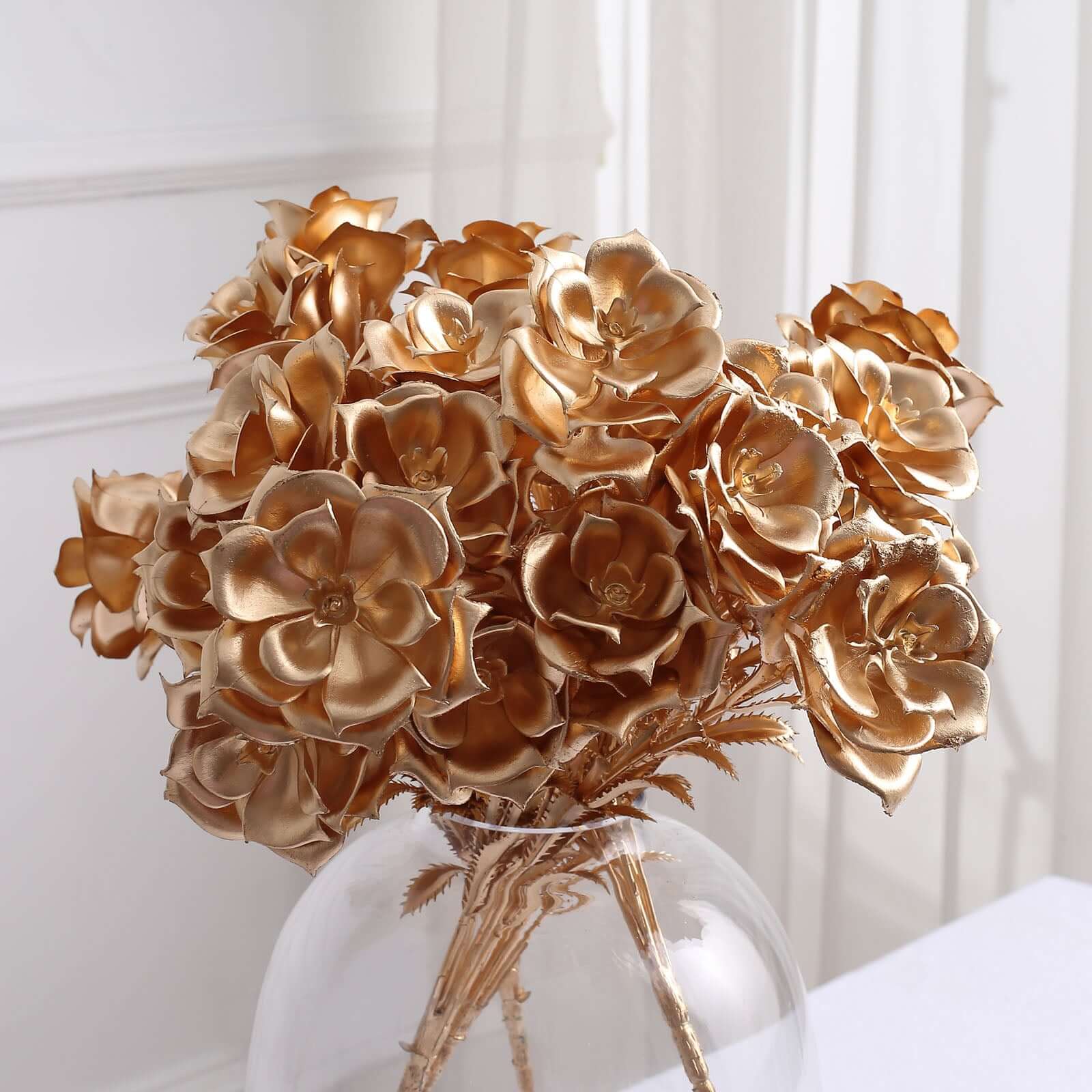 2-Pack Artificial Rose Bloomed Flower Bouquet 17" Metallic Gold - Glam Faux Floral Arrangement Holiday Decor Wedding Centerpiece