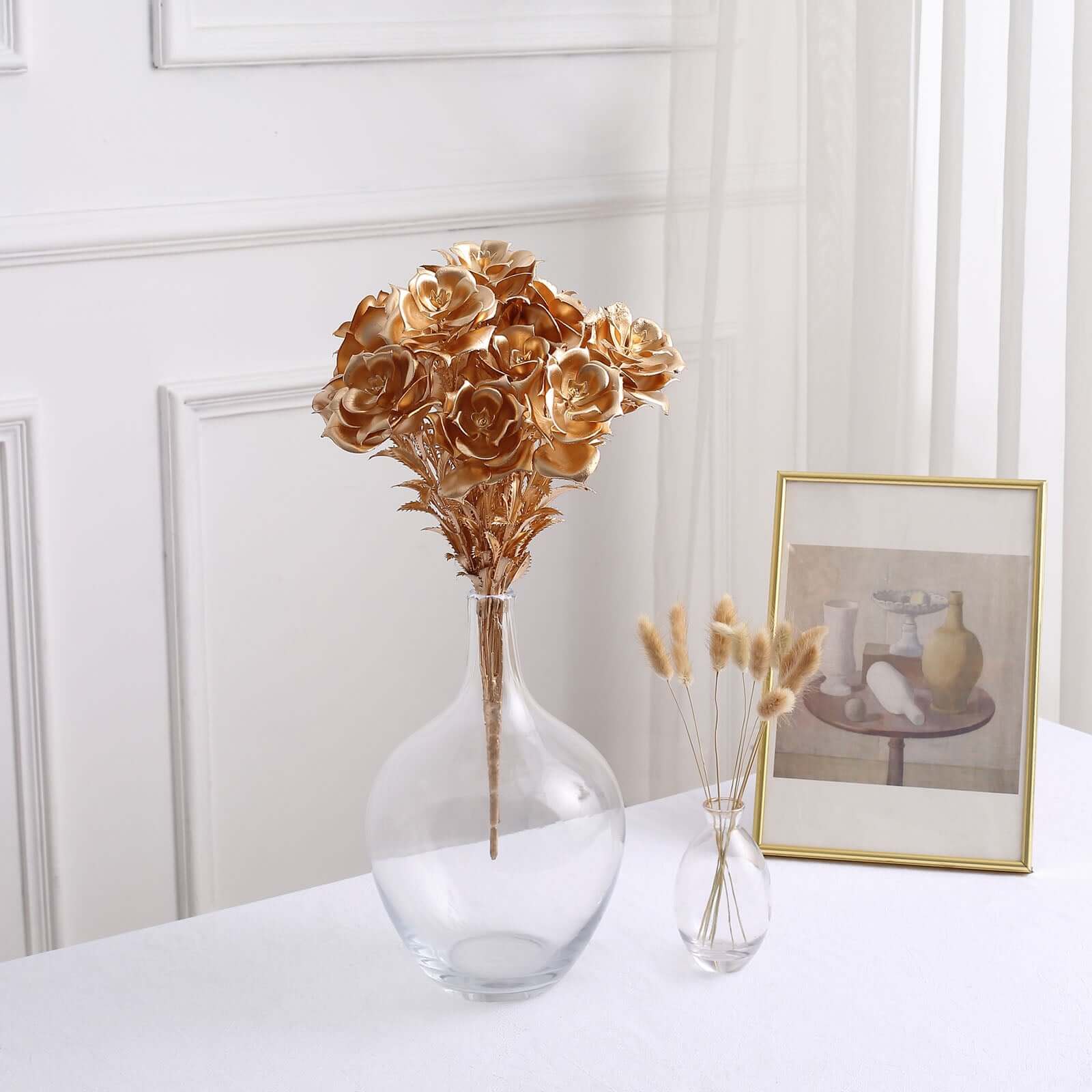 2-Pack Artificial Rose Bloomed Flower Bouquet 17" Metallic Gold - Glam Faux Floral Arrangement Holiday Decor Wedding Centerpiece - Image 2