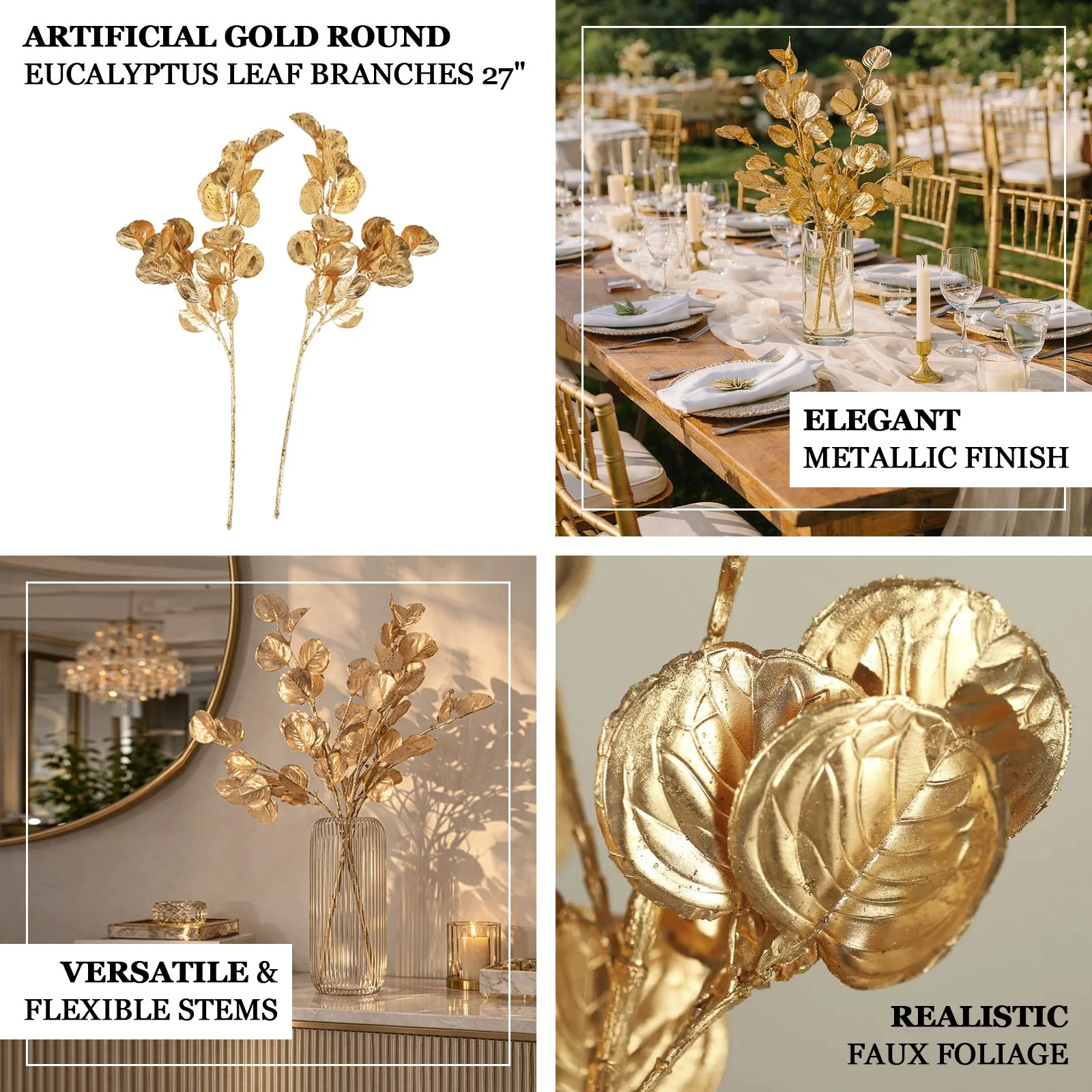 2-Pack Artificial Round Eucalyptus Leaf Branches 27" Metallic Gold - Lustrous Faux Decorative Bouquets for Event Styling & Table Arrangements - Image 4