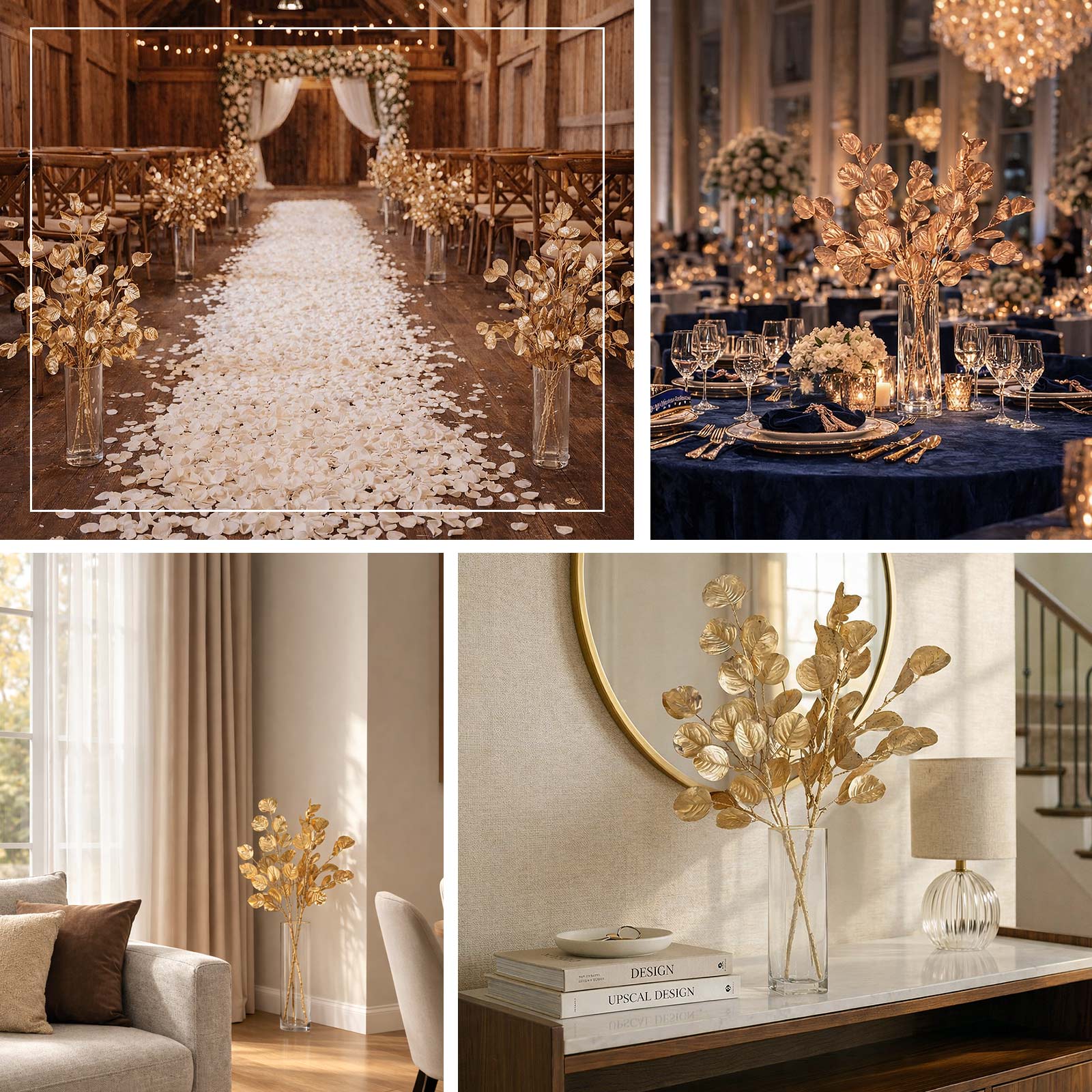 2-Pack Artificial Round Eucalyptus Leaf Branches 27" Metallic Gold - Lustrous Faux Decorative Bouquets for Event Styling & Table Arrangements - Image 5
