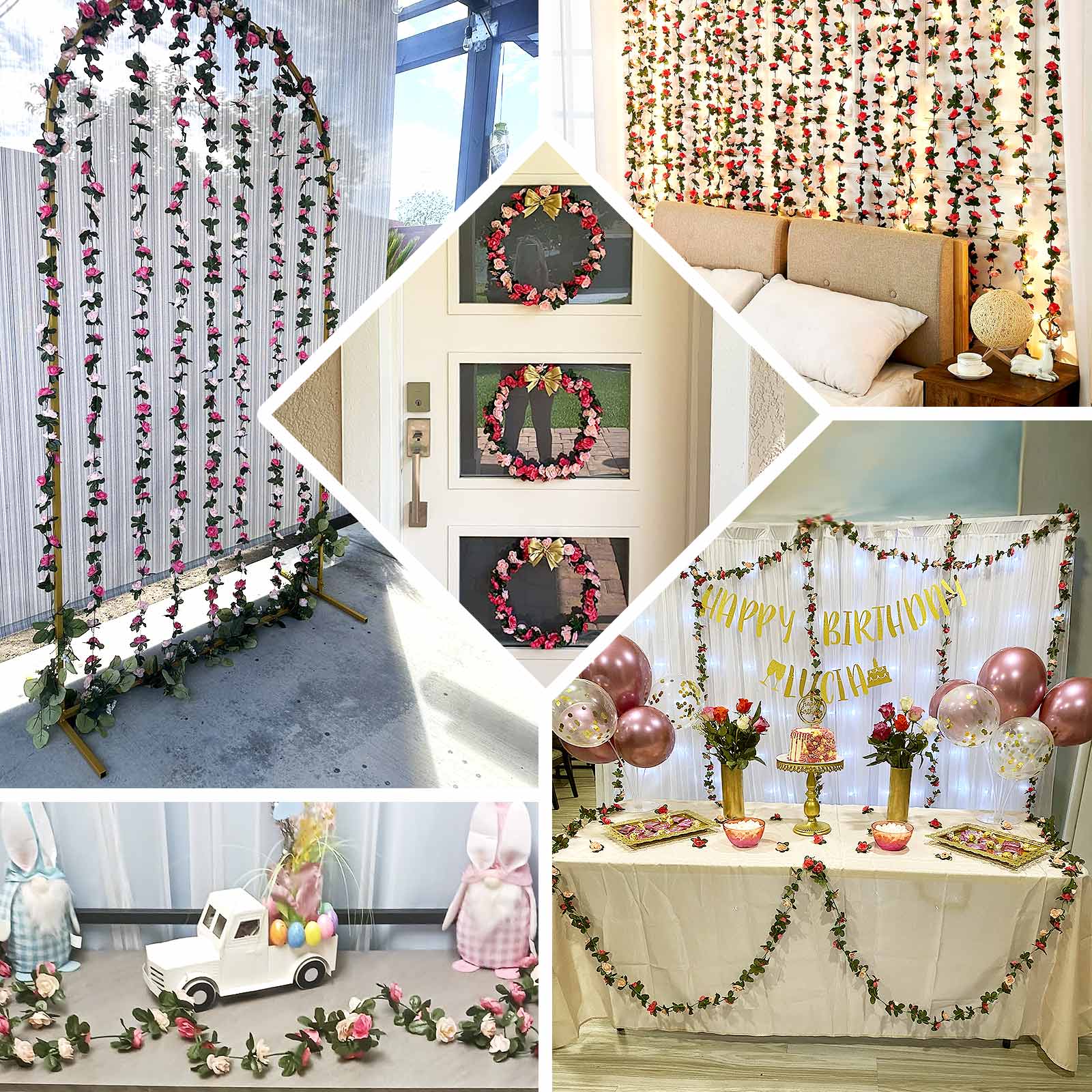 2 Pack Blush Dusty Rose Mini Rose Artificial Silk Rose Vines Hanging Flower Garland with 45 Flower Heads - 8ft - Image 5