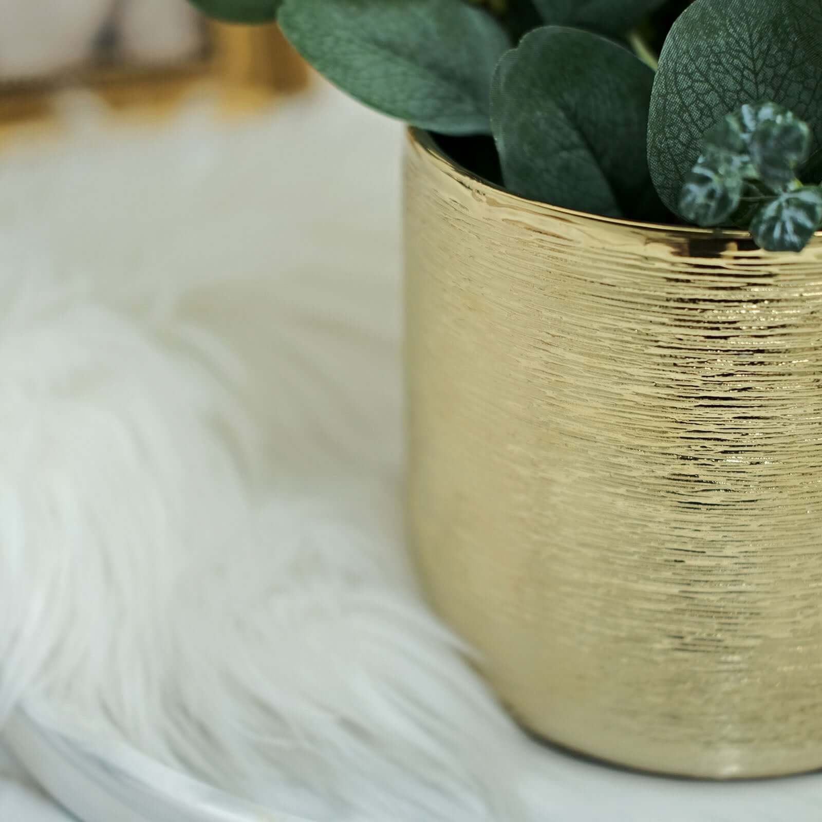 2-Pack Ceramic Flower Plant Pots 5" Round Textured Design Metallic Gold - Cylindrical Indoor Planters - Image 2