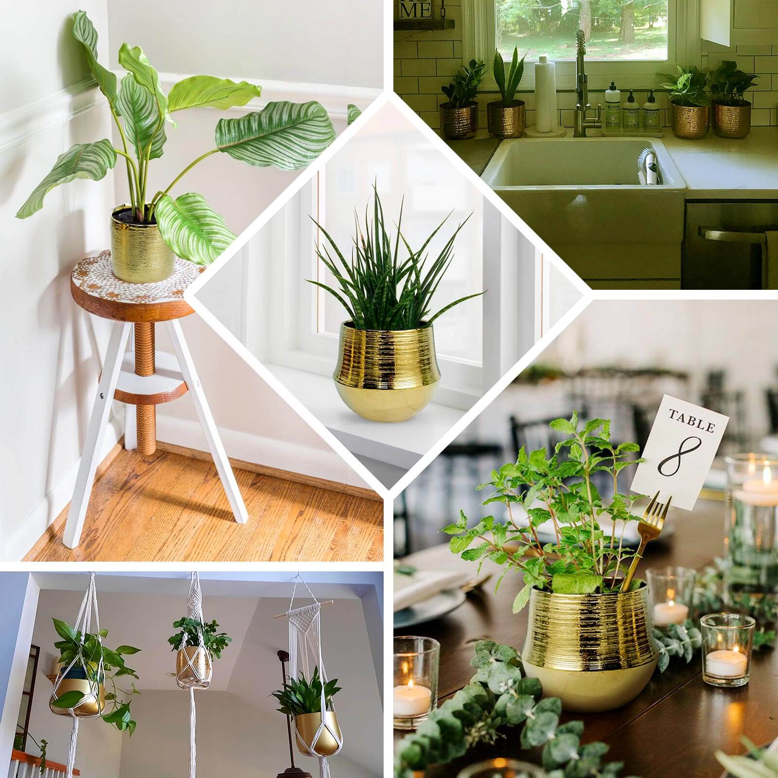 2-Pack Ceramic Flower Plant Pots 6" Round Textured Design Metallic Gold - Cylindrical Bell Shaped Indoor Planters - Image 5