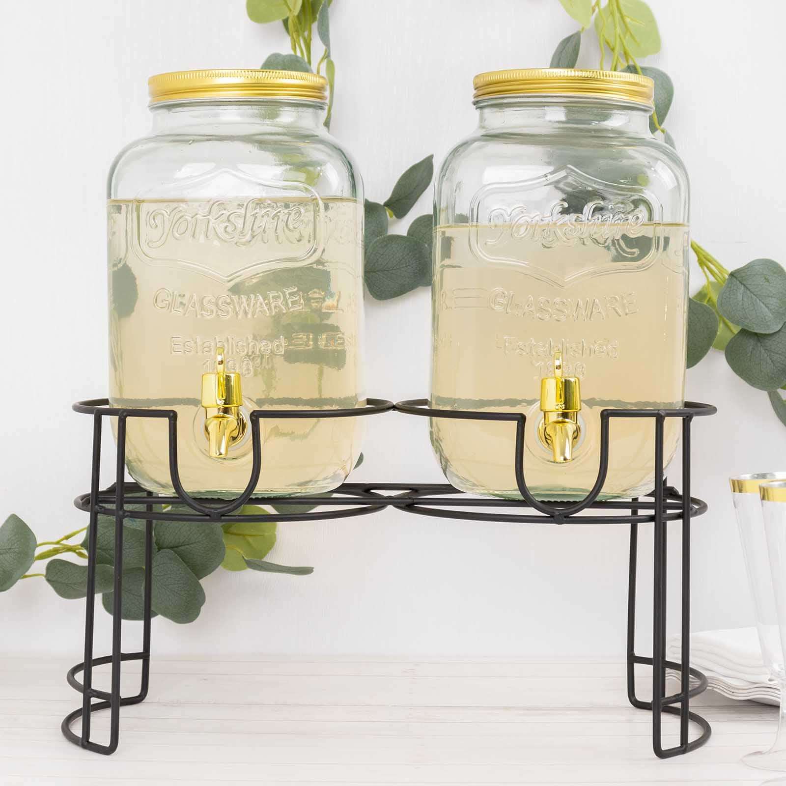 2-Pack Clear Glass Beverage Dispenser Stand 2-Gallon, Dual Juice Jars with Gold Metal Lids and Spigot - Convenient Serving Feature - Image 2