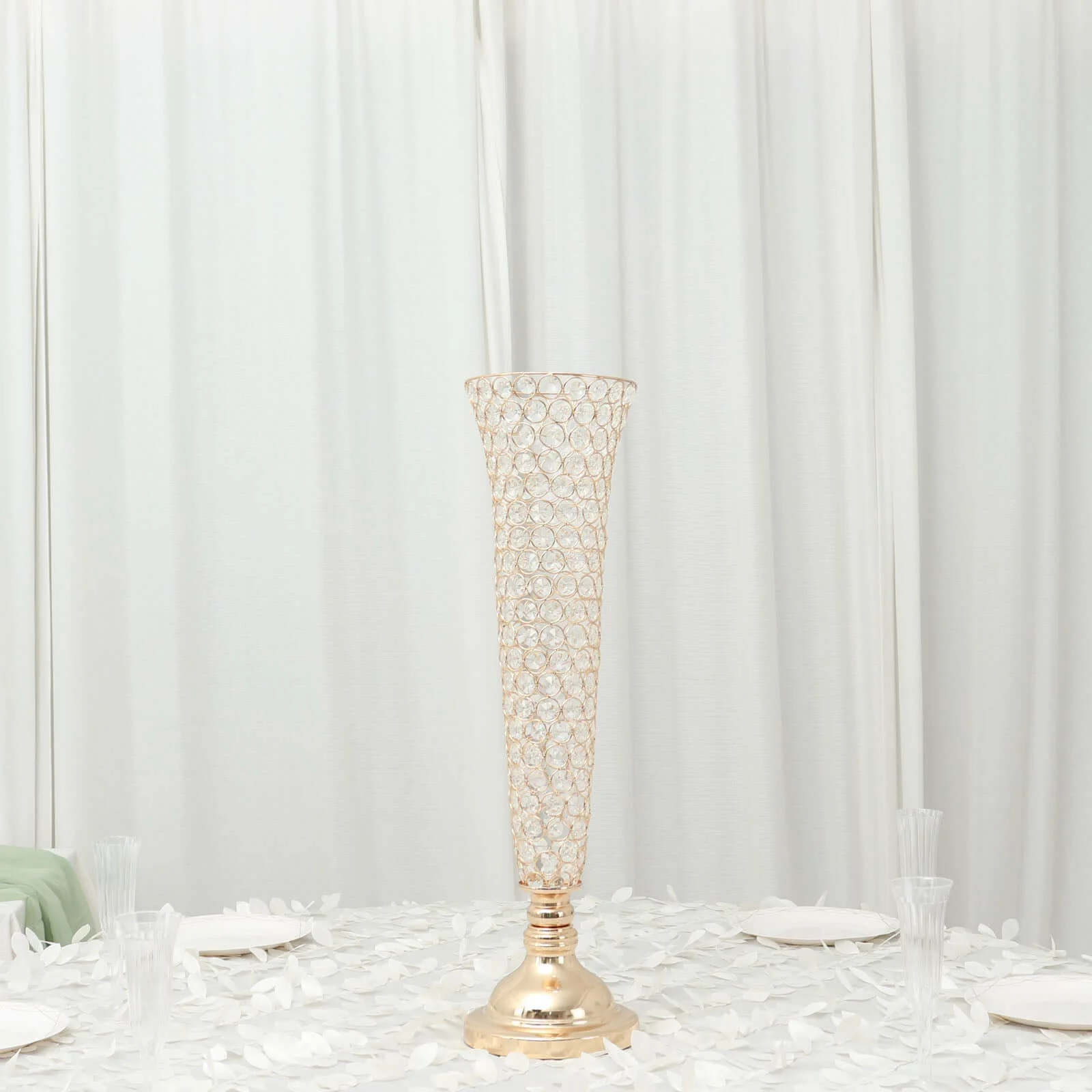 2-Pack Crystal Beaded Trumpet Vase 28" Tall Gold - Decorative Bouquet Vase Table Centerpiece Set for Glamorous Weddings Parties & Home Decor - Image 2