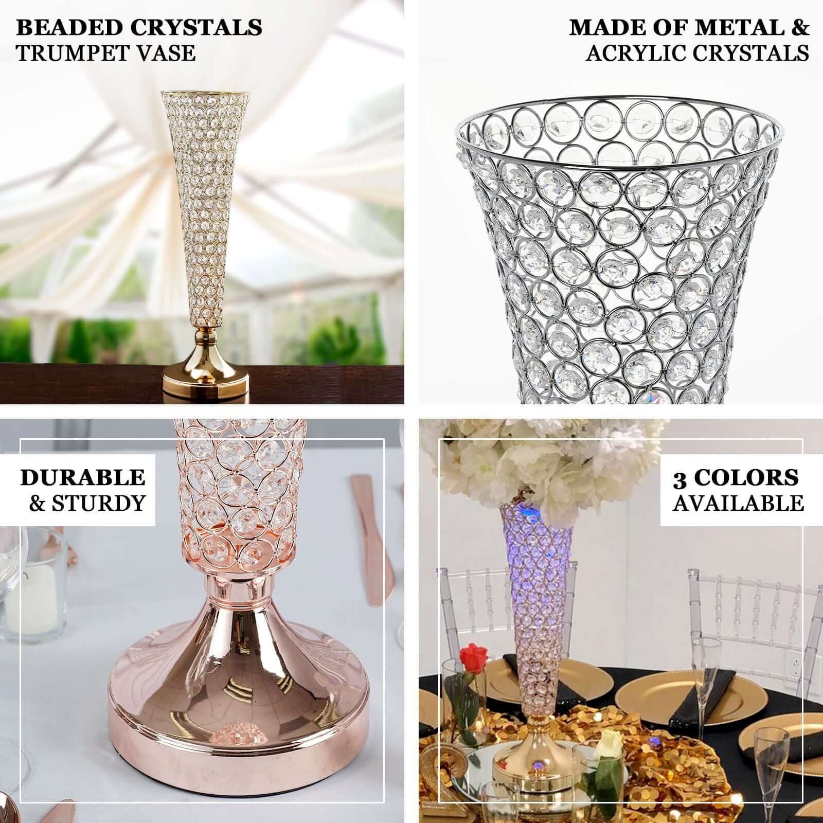 2-Pack Crystal Beaded Trumpet Vase 28" Tall Gold - Decorative Bouquet Vase Table Centerpiece Set for Glamorous Weddings Parties & Home Decor - Image 4