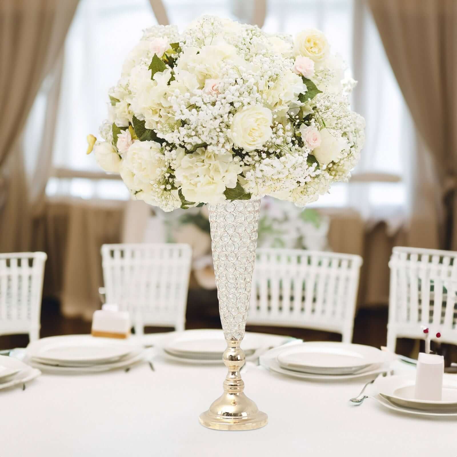 2-Pack Crystal Beaded Trumpet Vase Set 32" Gold - Table Centerpiece for Weddings and Events