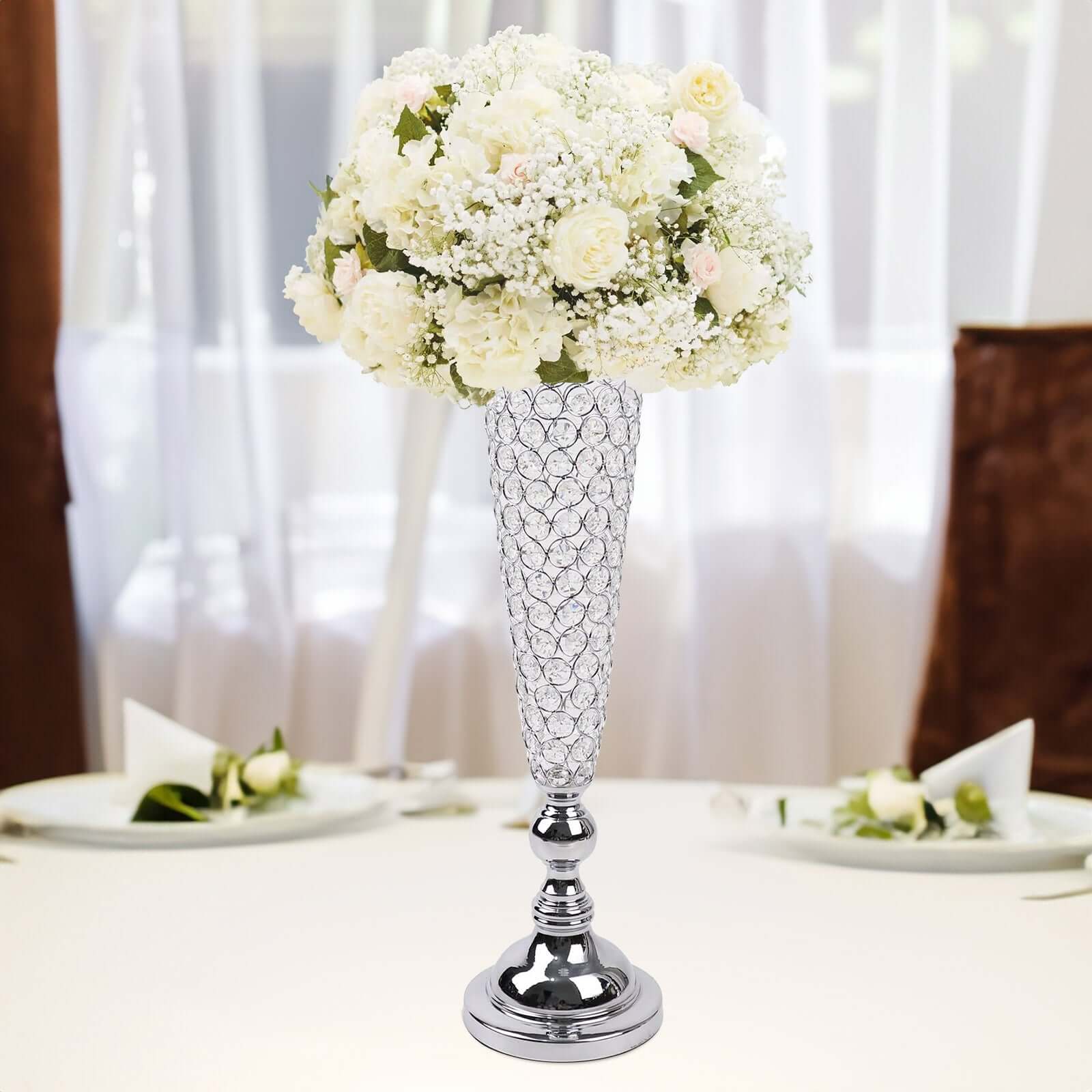 2-Pack Crystal Beaded Trumpet Vase Set 32" Silver - Table Centerpiece for Weddings and Events - Image 6