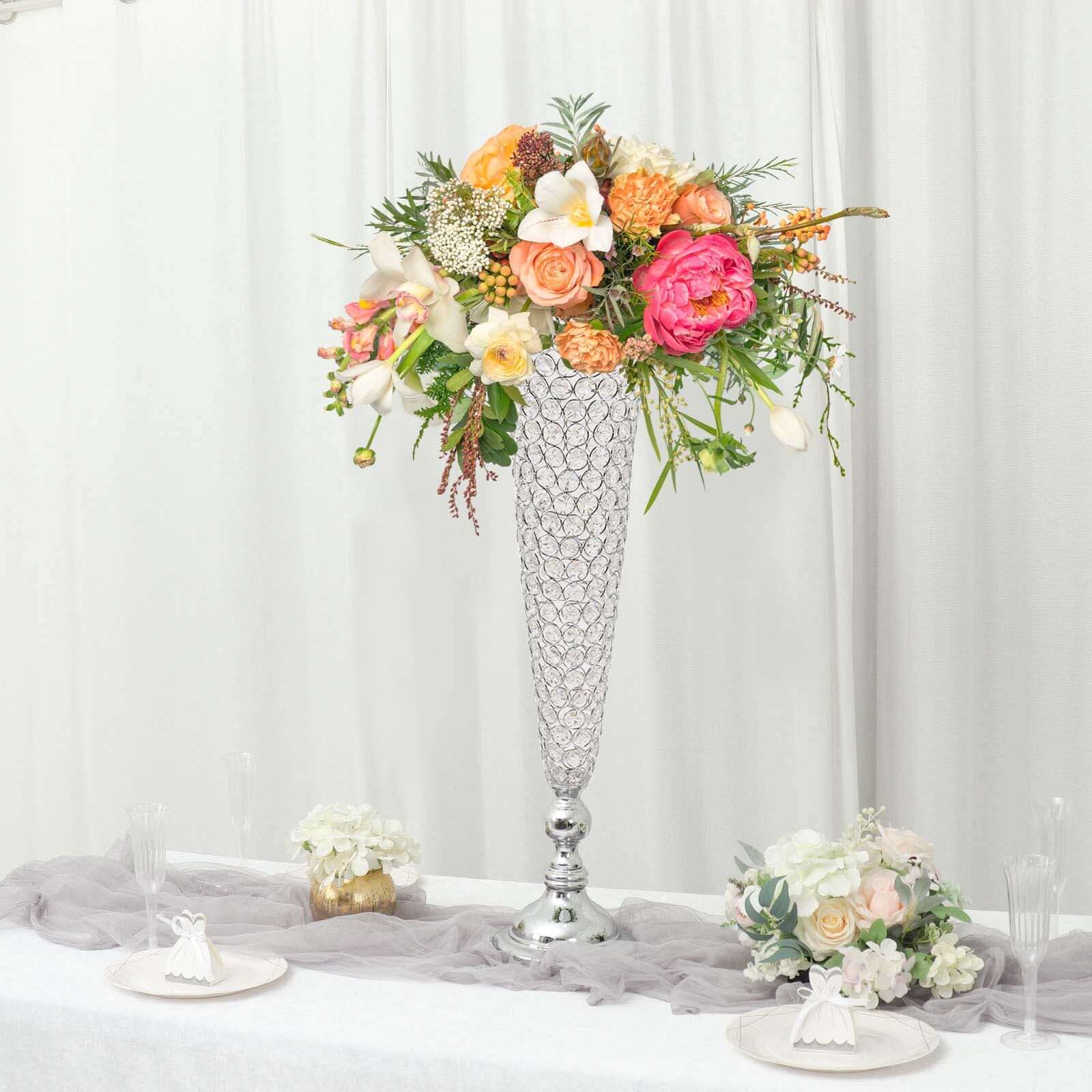 2-Pack Crystal Beaded Trumpet Vase Set 32" Silver - Table Centerpiece for Weddings and Events - Image 8