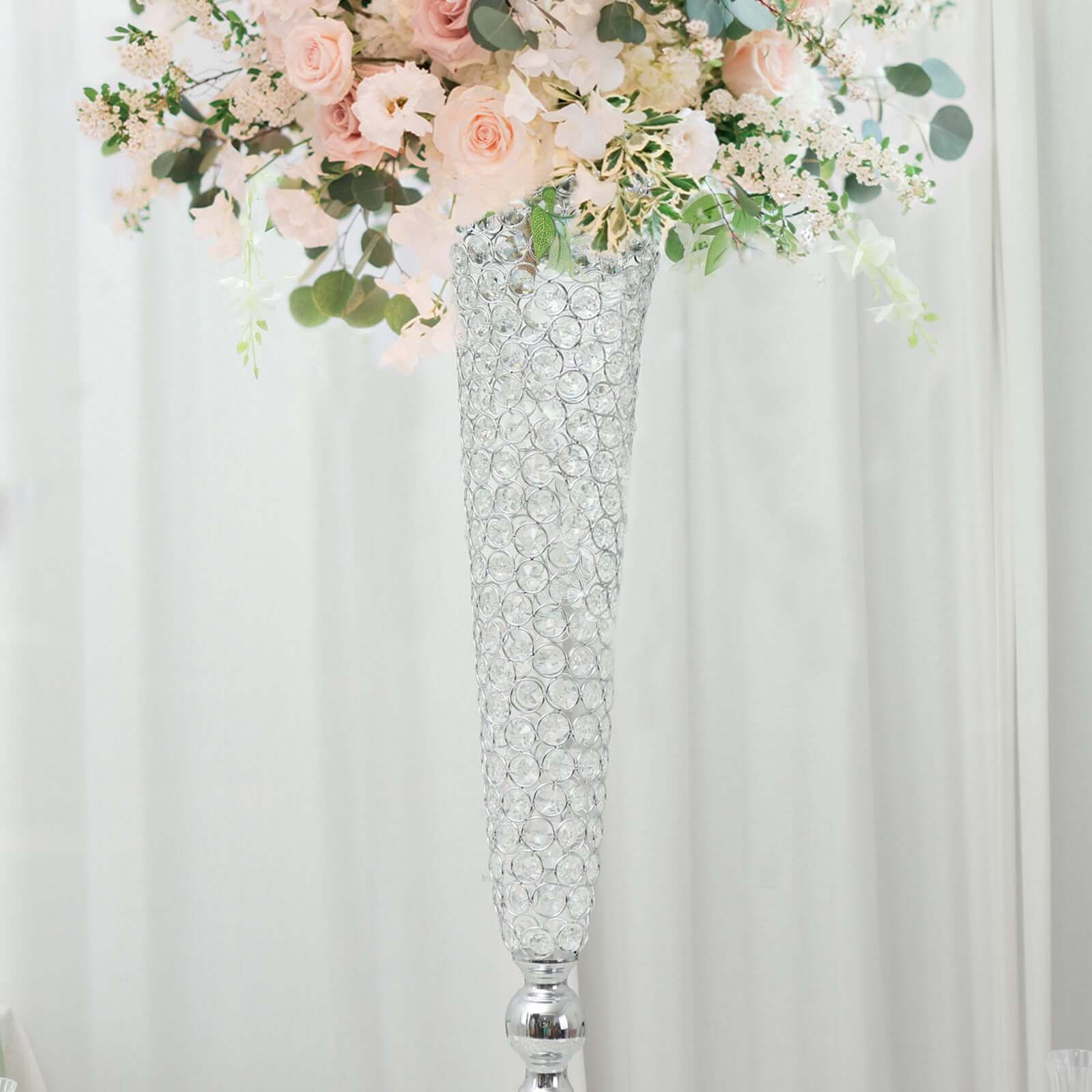 2-Pack Crystal Beaded Trumpet Vase Set 40" Silver - Table Centerpiece for Grand Occasions - Image 10