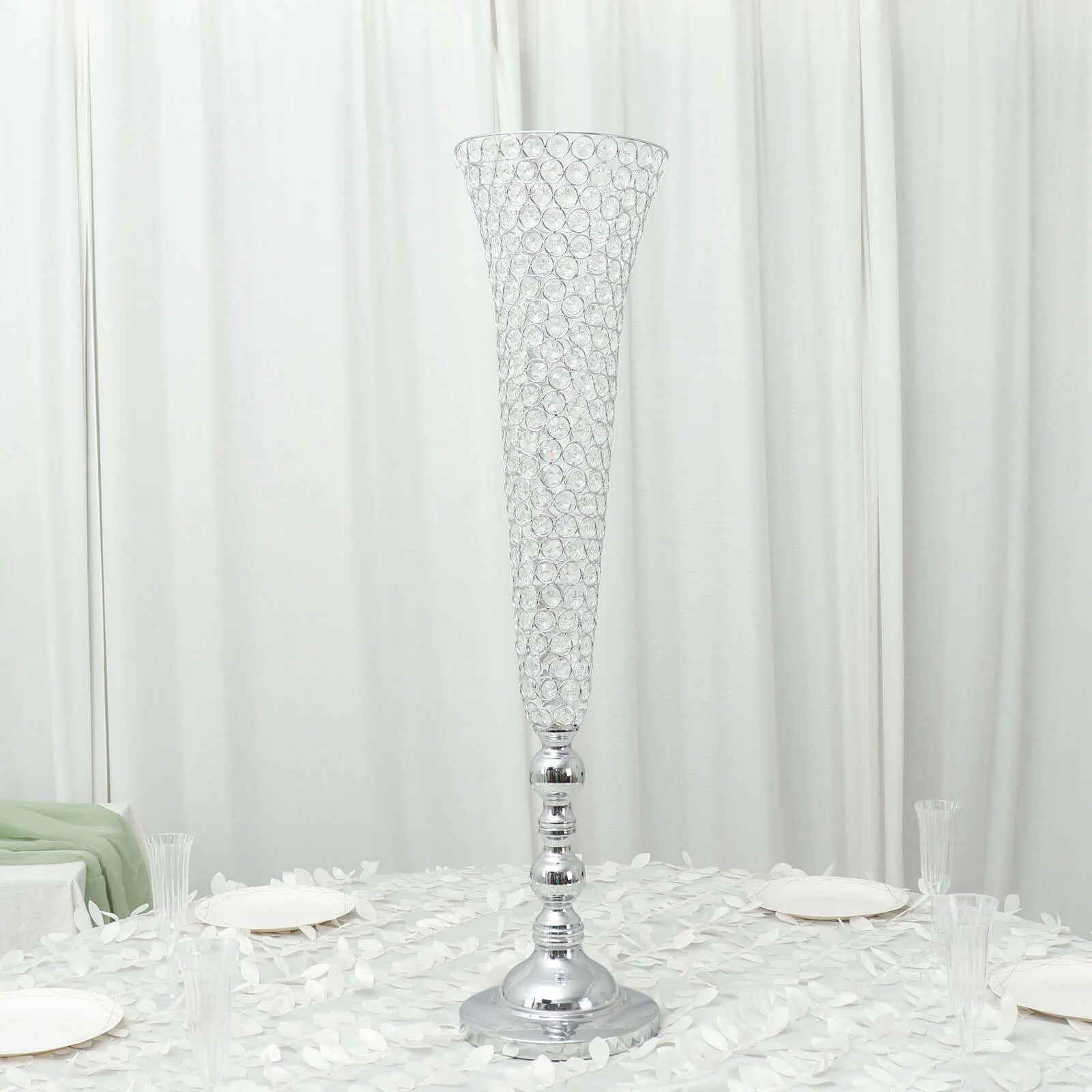 2-Pack Crystal Beaded Trumpet Vase Set 40" Silver - Table Centerpiece for Grand Occasions - Image 11