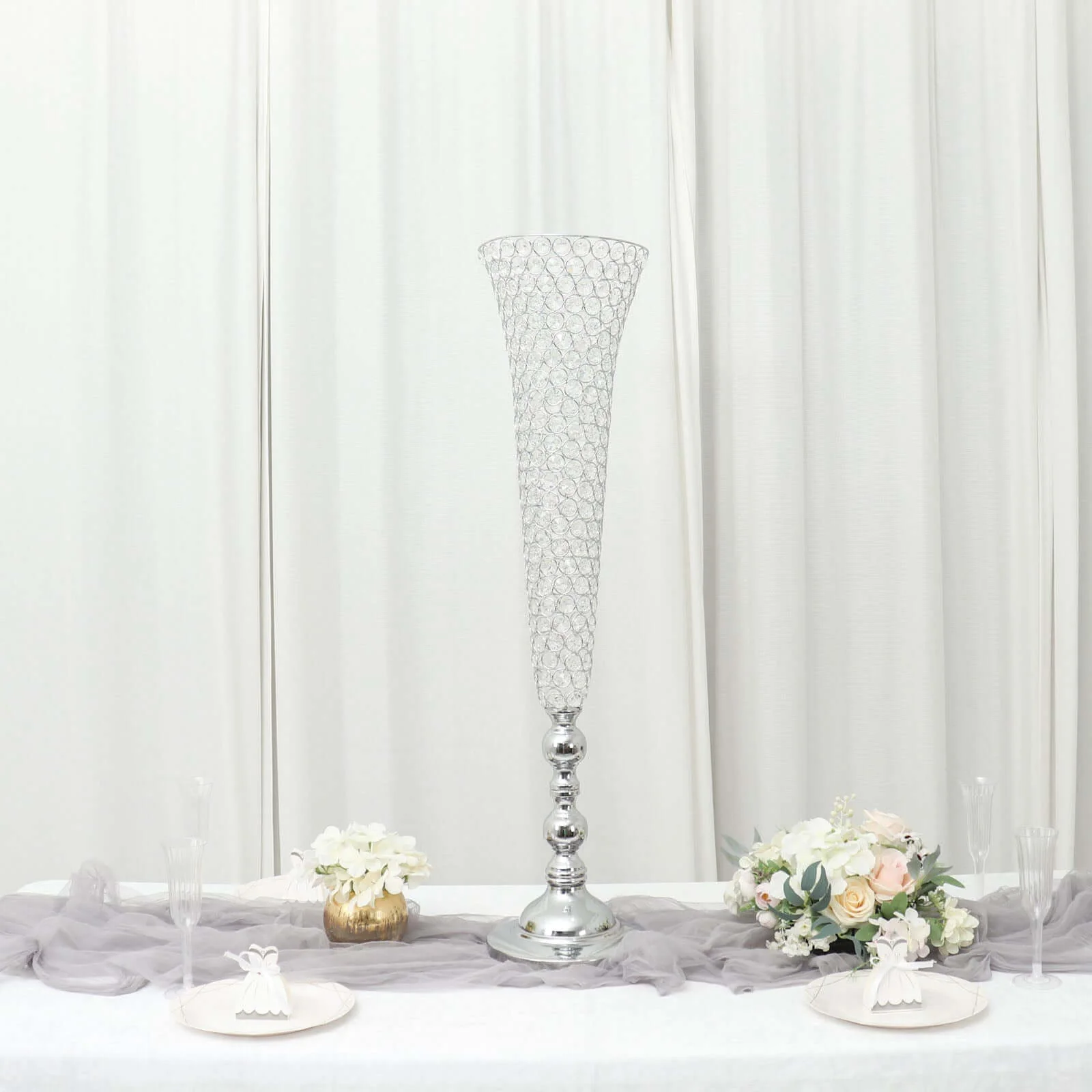 2-Pack Crystal Beaded Trumpet Vase Set 40" Silver - Table Centerpiece for Grand Occasions - Image 2