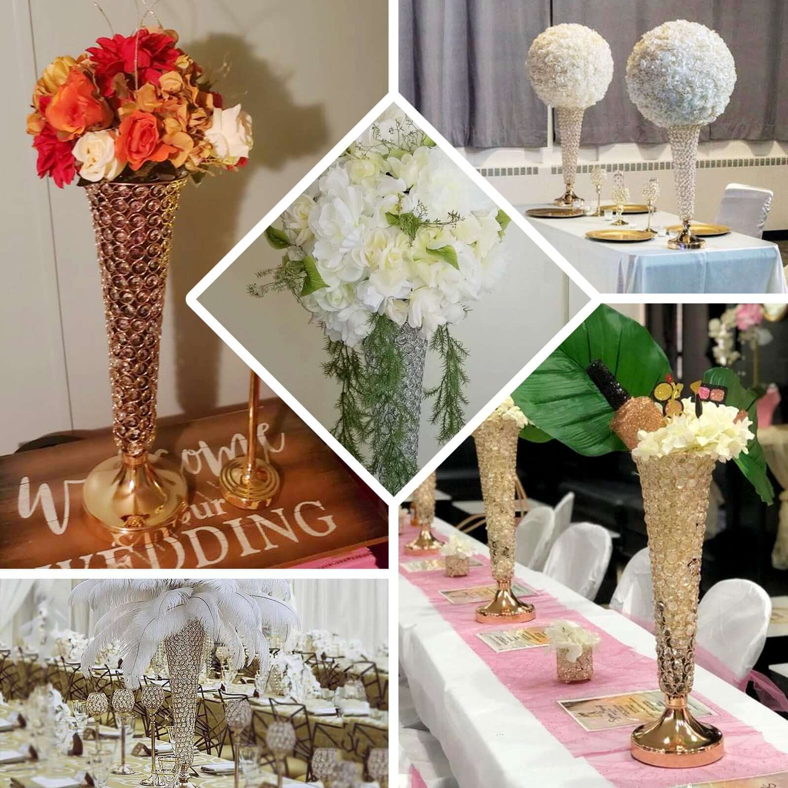 2-Pack Crystal Beaded Trumpet Vase Set 40" Silver - Table Centerpiece for Grand Occasions - Image 4