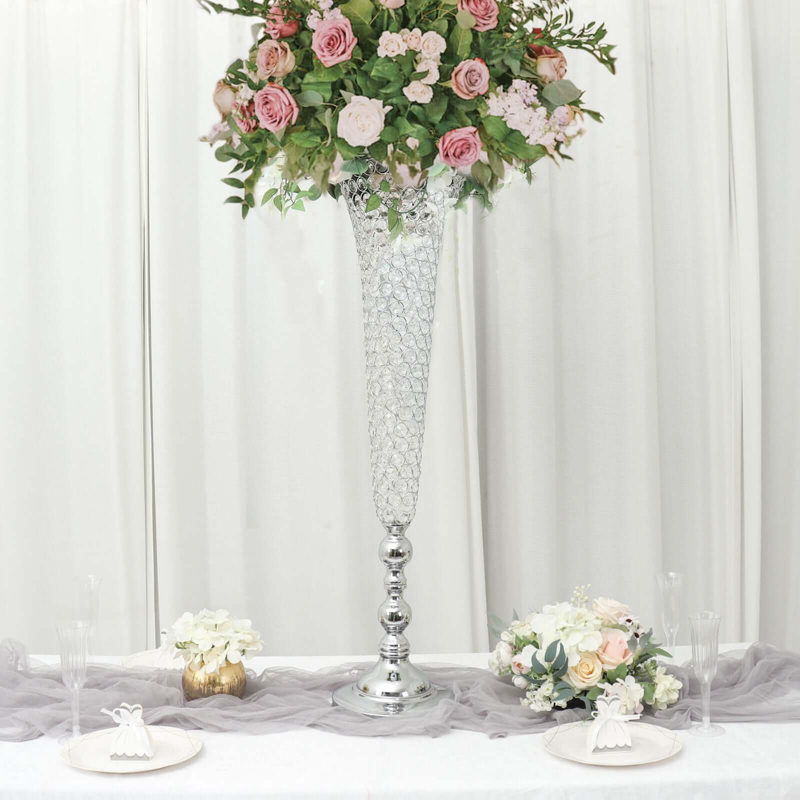 2-Pack Crystal Beaded Trumpet Vase Set 40" Silver - Table Centerpiece for Grand Occasions - Image 9