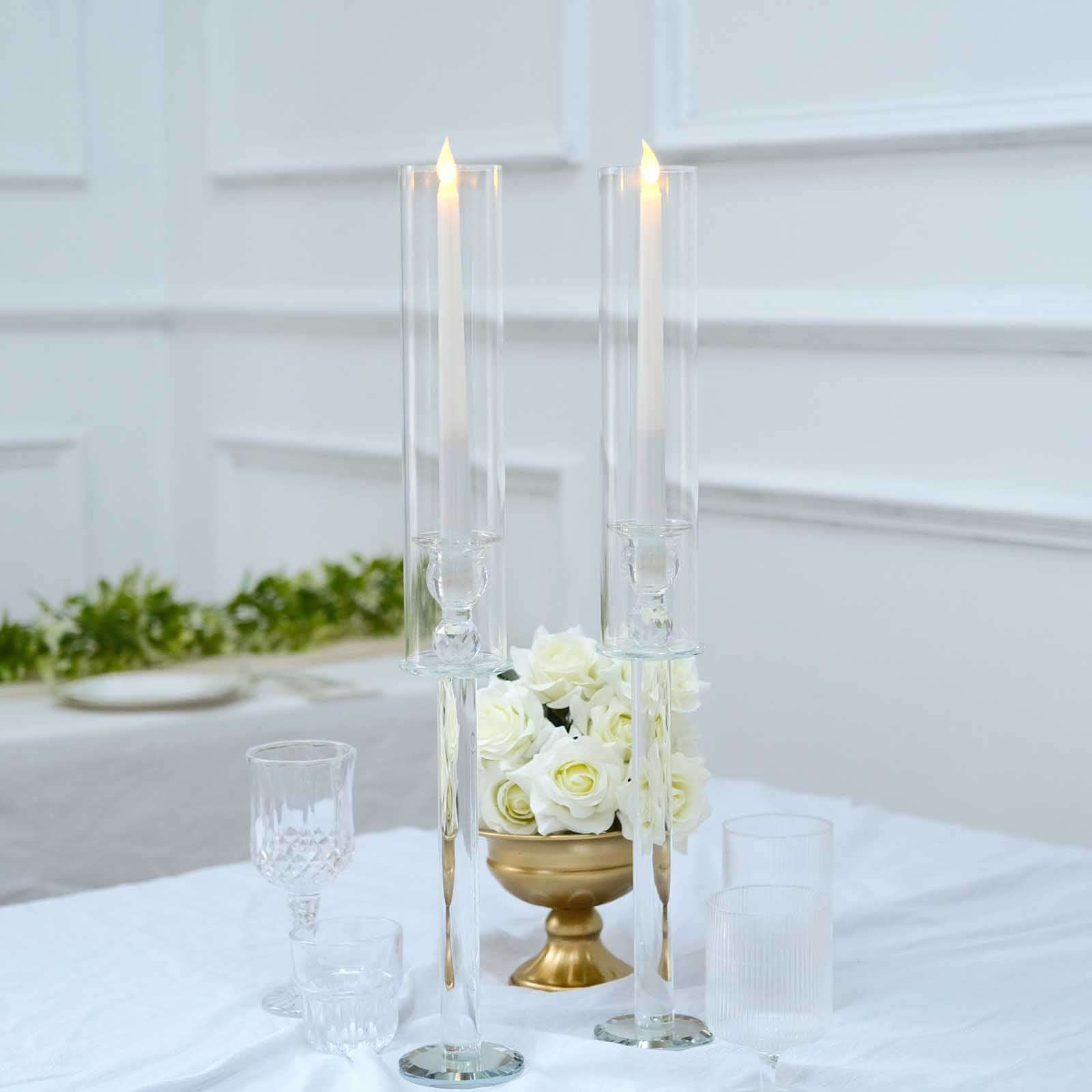2-Pack Crystal Glass Hurricane Taper Candle Holders 22", Clear Cylinder Chimney Tubes - Tall Decorative Candle Stands - Image 4