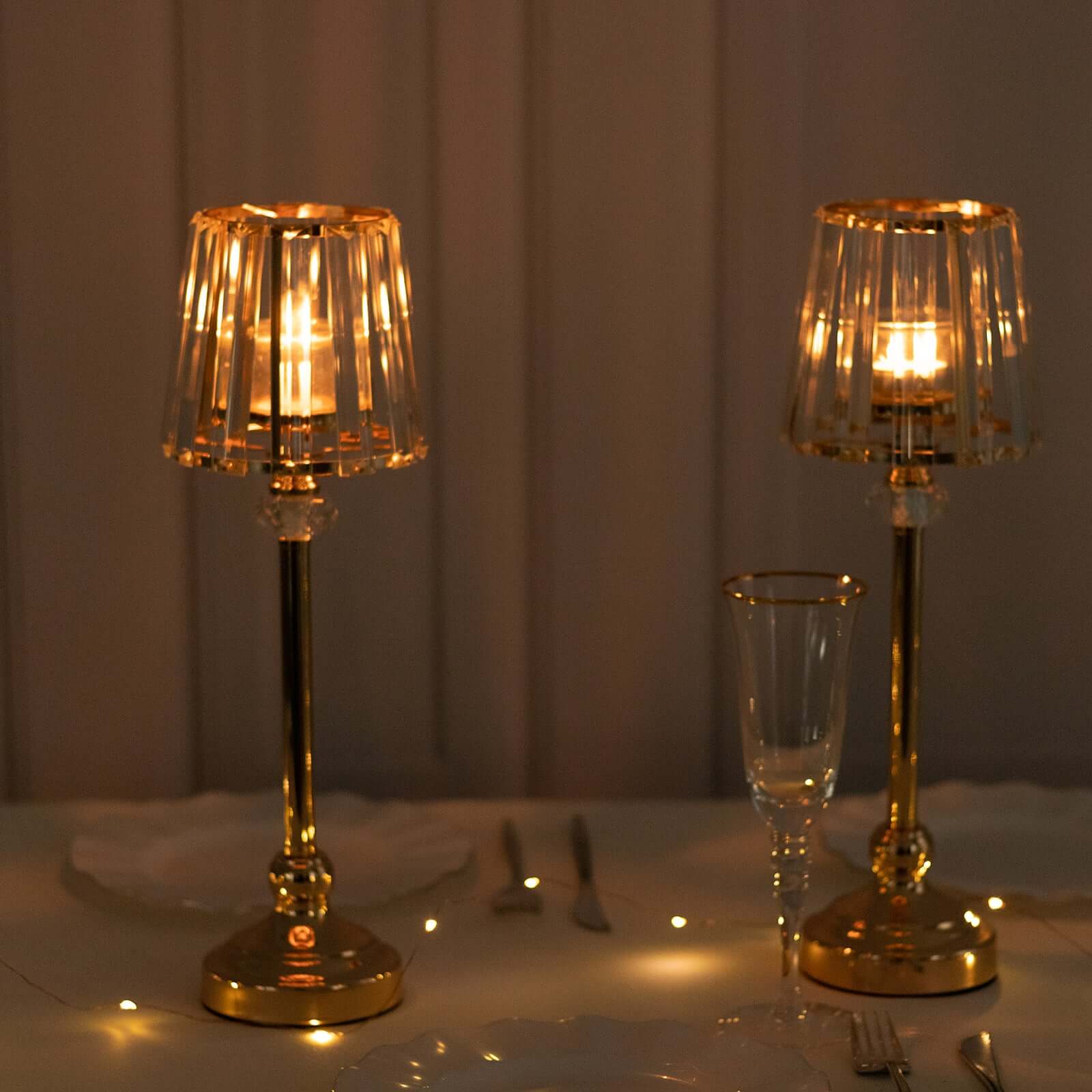 2-Pack Crystal Pendant Candle Holders 15" Classic Empire Lamp Shade Style in Gold, Votive Candle Stand For Table Centerpieces - Image 2