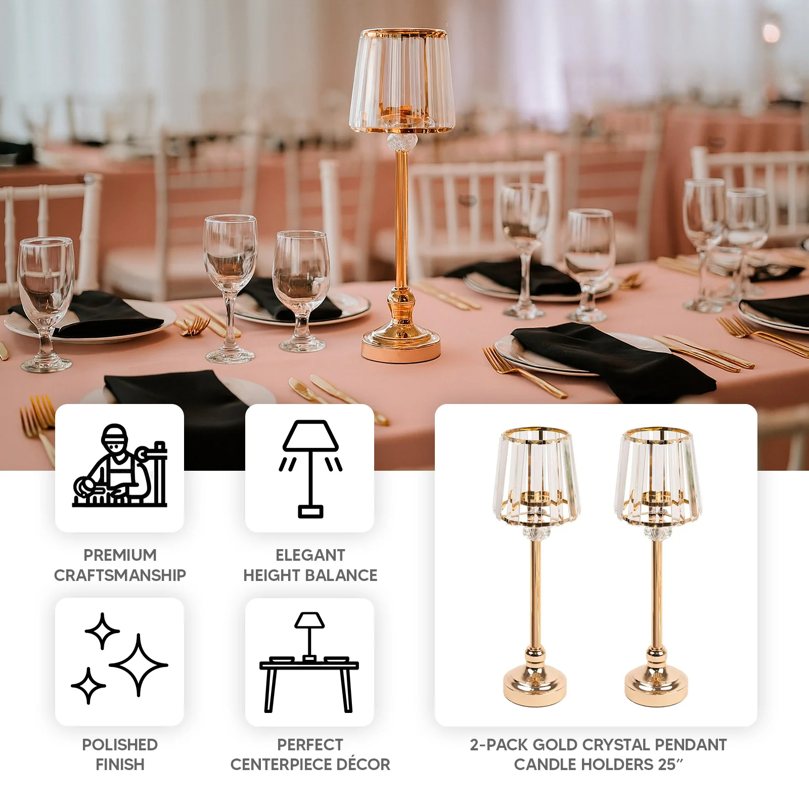 2-Pack Crystal Pendant Candle Holders 15" Classic Empire Lamp Shade Style in Gold, Votive Candle Stand For Table Centerpieces - Image 4
