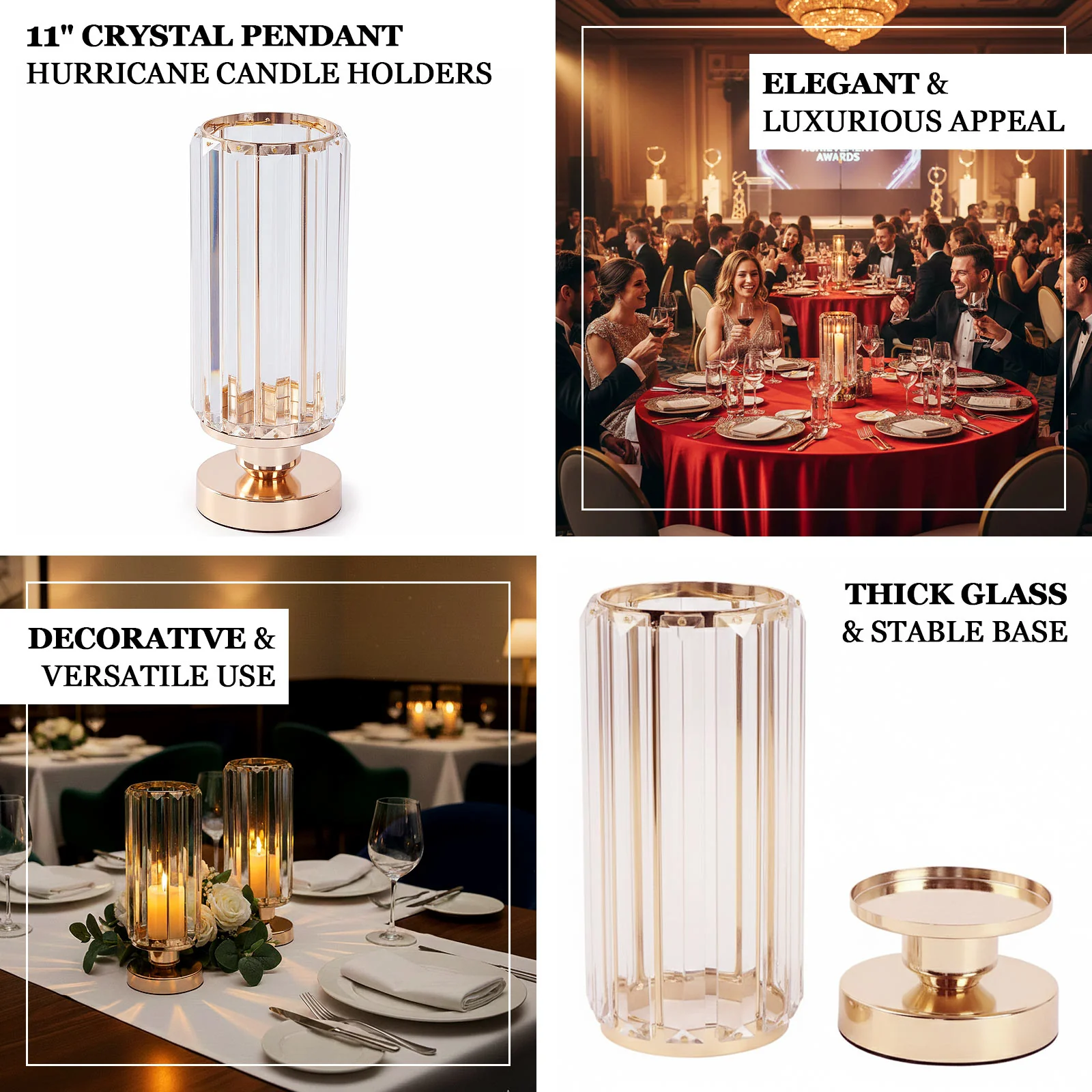 2 Pack Crystal Pendant Hurricane Candle Holders in Gold - Image 3
