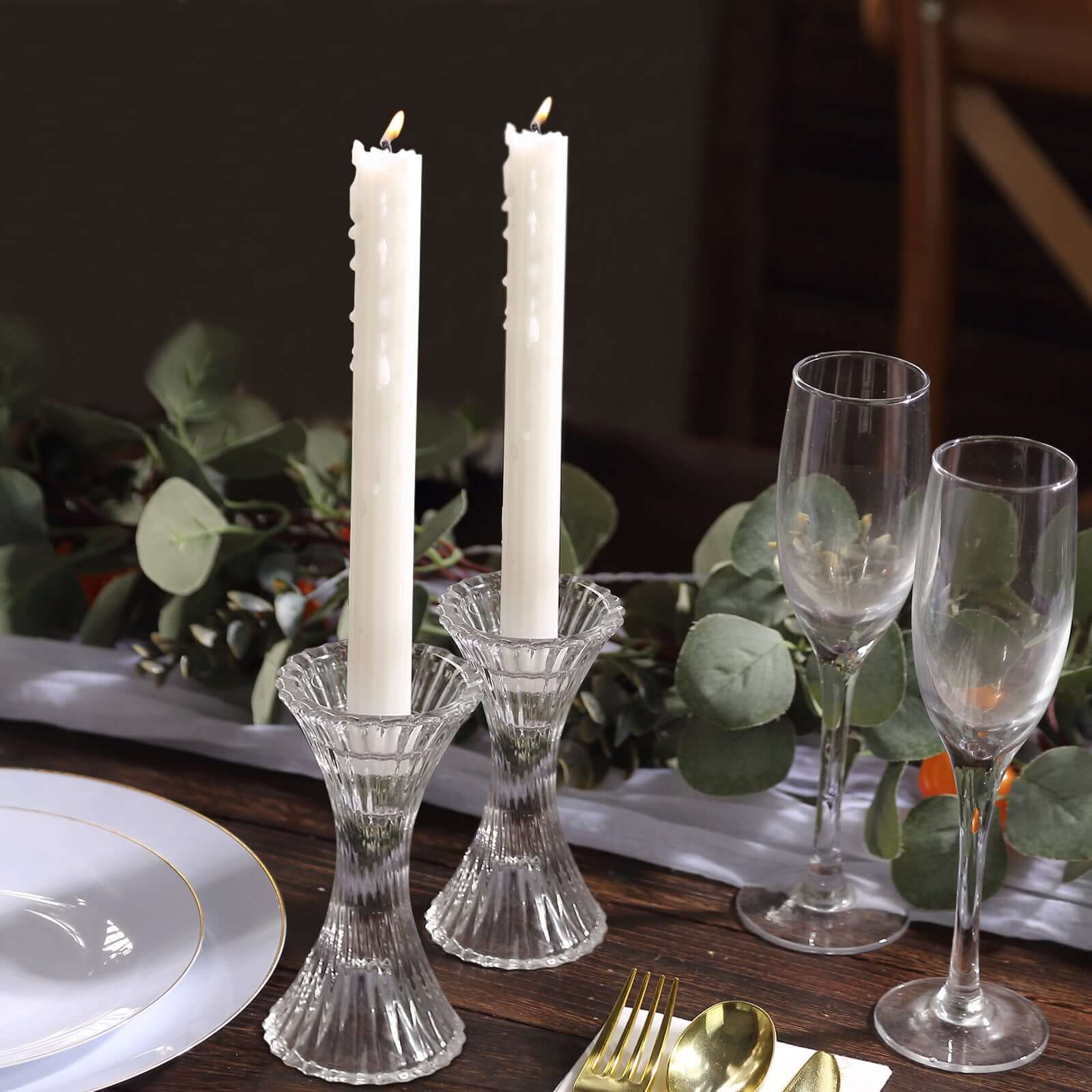 2-Pack Crystal Pillar Candlestick Stands 5" Hour Glass Design with Diagonal Stripes Clear - Reversible Taper Holders - Image 10