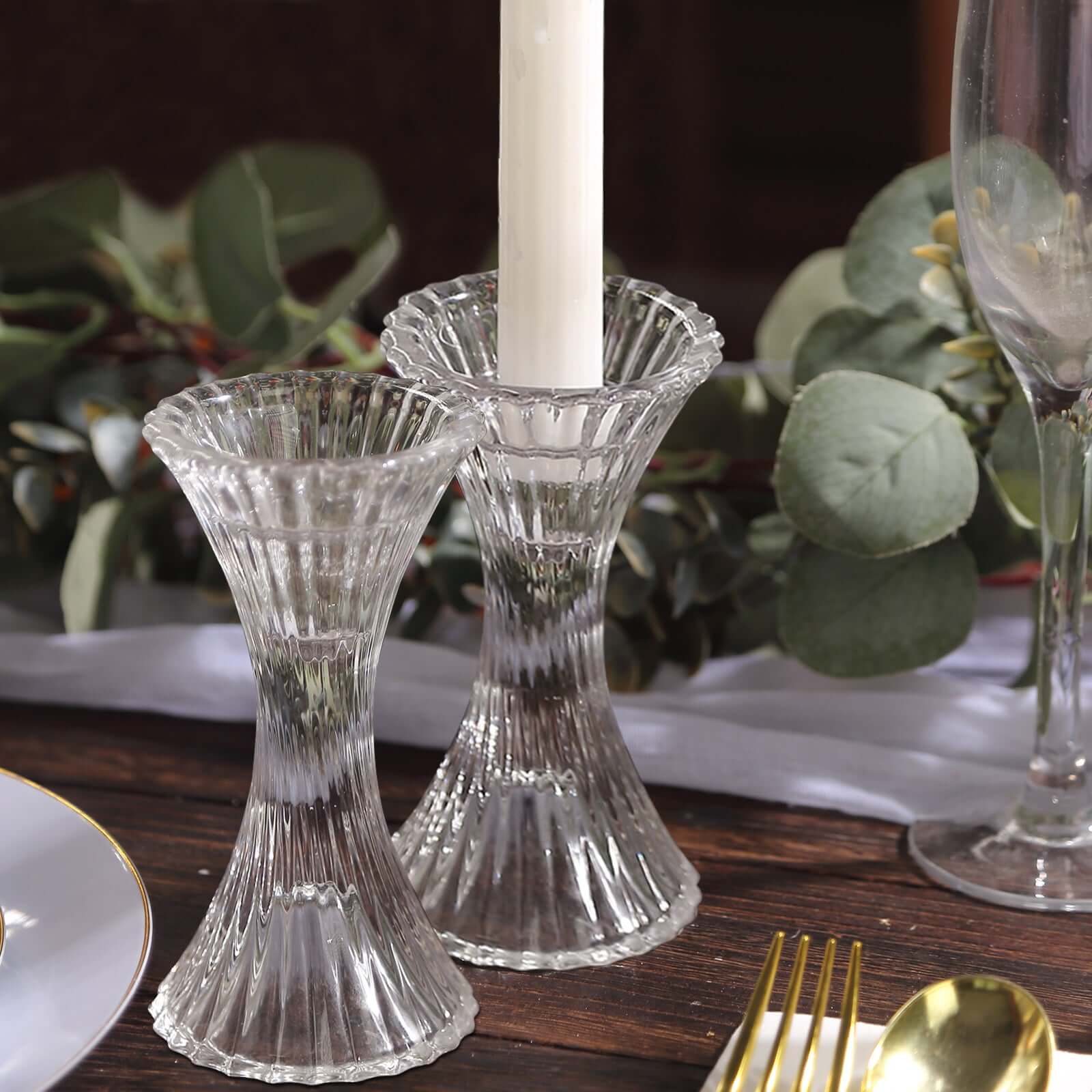 2-Pack Crystal Pillar Candlestick Stands 5" Hour Glass Design with Diagonal Stripes Clear - Reversible Taper Holders - Image 13