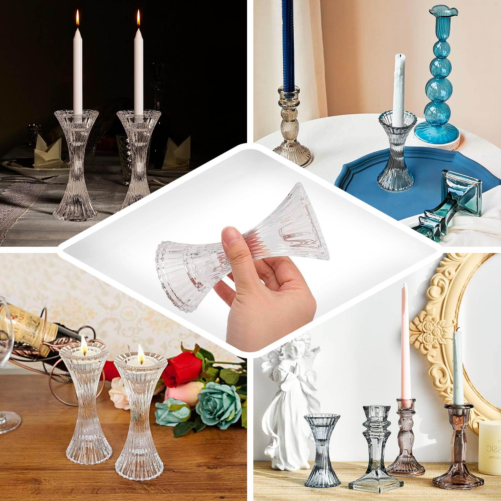 2-Pack Crystal Pillar Candlestick Stands 5" Hour Glass Design with Diagonal Stripes Clear - Reversible Taper Holders - Image 5