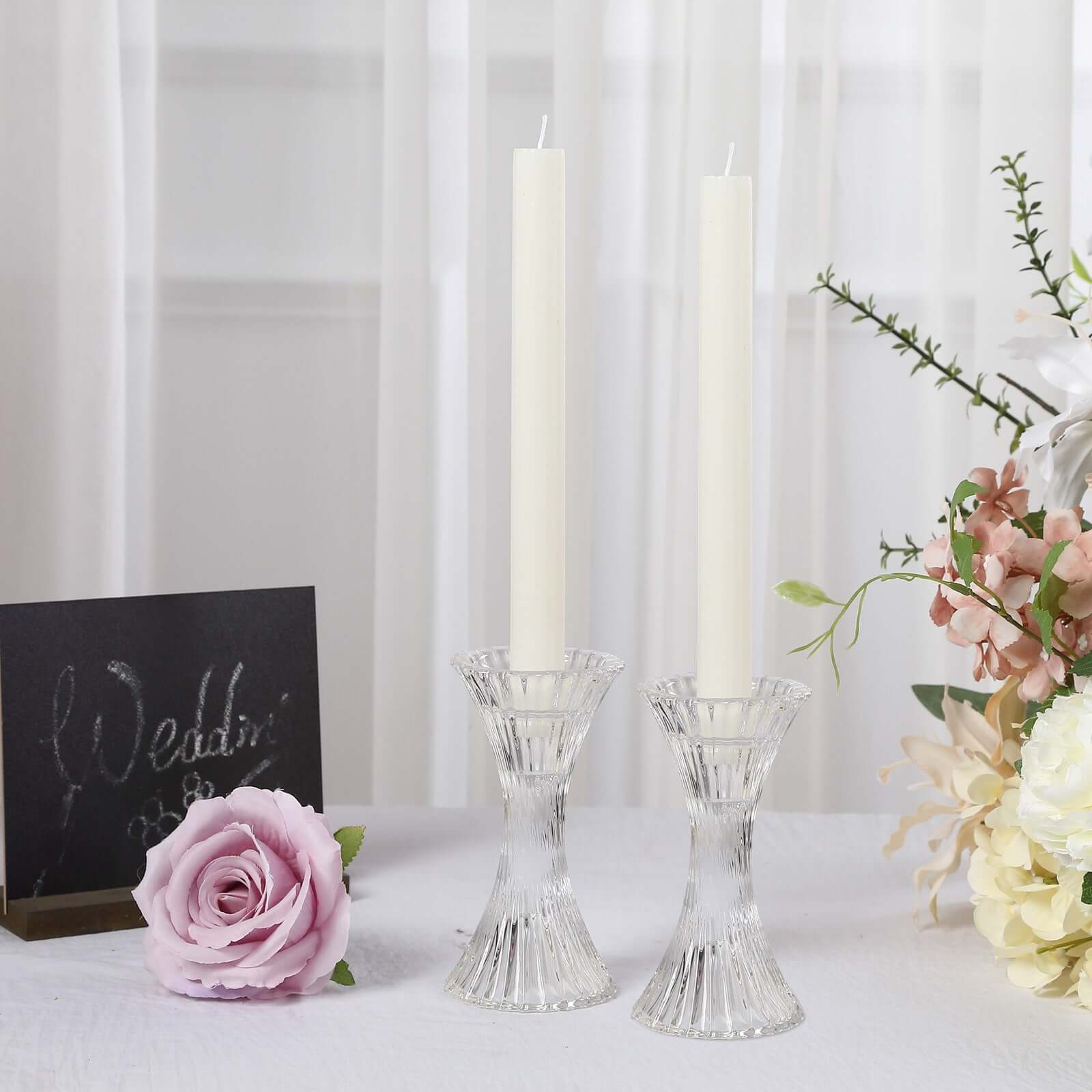 2-Pack Crystal Pillar Candlestick Stands 5" Hour Glass Design with Diagonal Stripes Clear - Reversible Taper Holders - Image 7