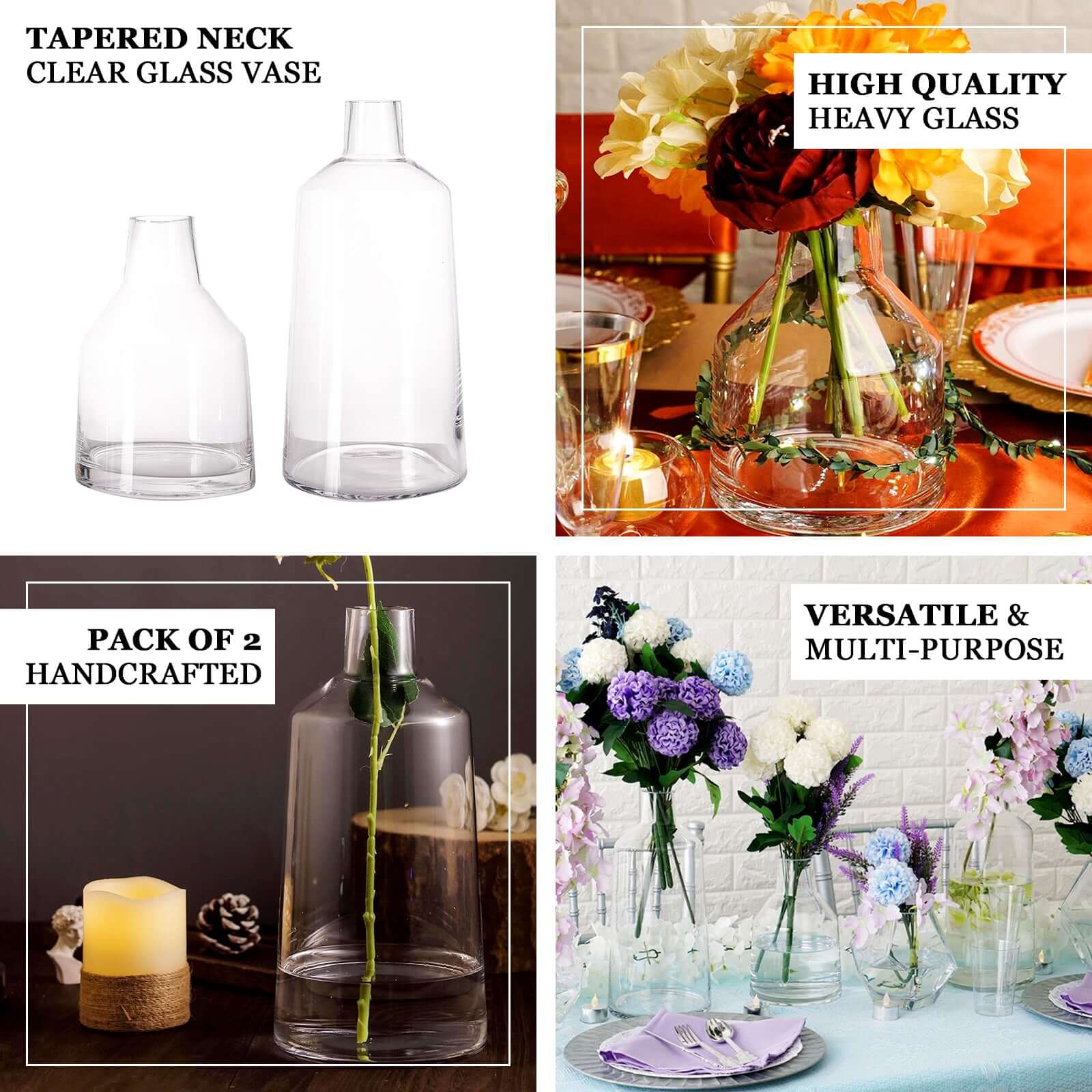 2-Pack Glass Bud Vases Tapered Neck 12" Clear - Decorative Floral Wedding Centerpieces - Image 4