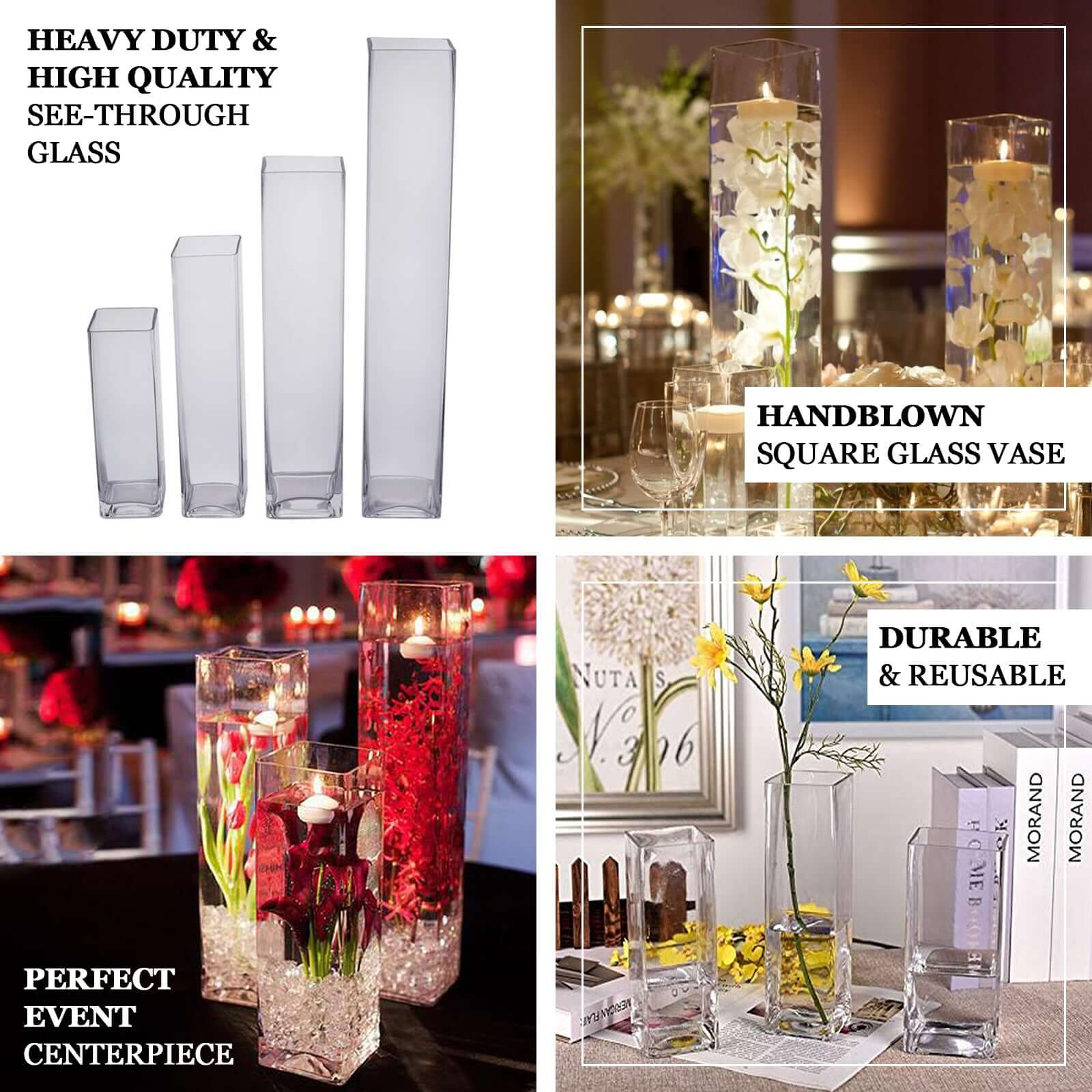 2-Pack Glass Cylinder Vases Square Design 32" Clear - Heavy Duty Flower Centerpieces for Events - Image 4