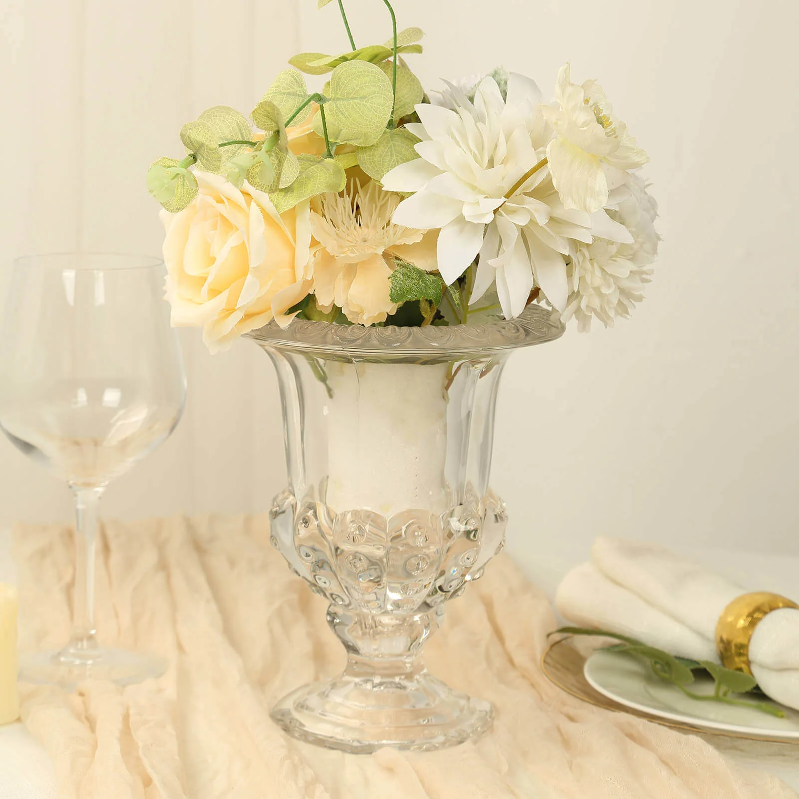 2-Pack Glass Flower Vases Mini Pedestal 6" in Classic Roman Urn Style Clear - Refined Table Centerpieces