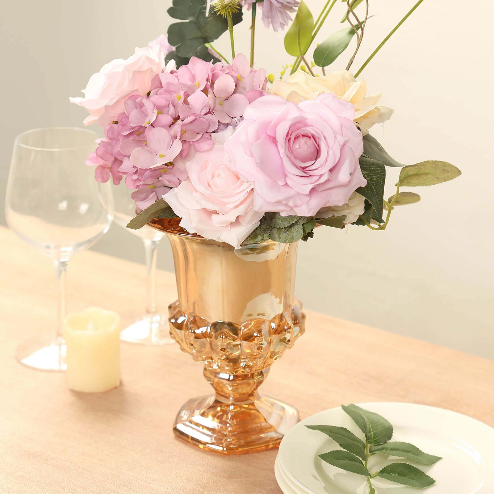 2-Pack Glass Flower Vases Mini Pedestal 8" in Classic Roman Urn Style Amber Gold - Stylish Table Centerpieces - Image 2