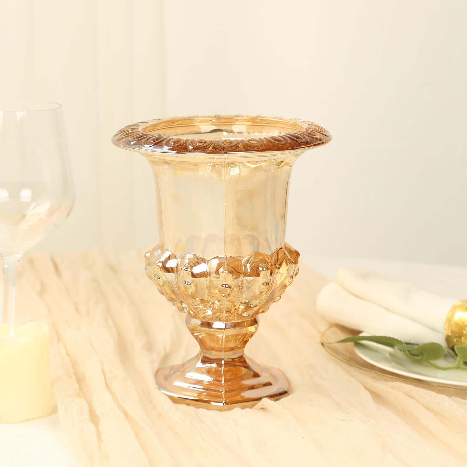 2-Pack Glass Flower Vases Mini Pedestal 8" in Classic Roman Urn Style Amber Gold - Stylish Table Centerpieces - Image 4