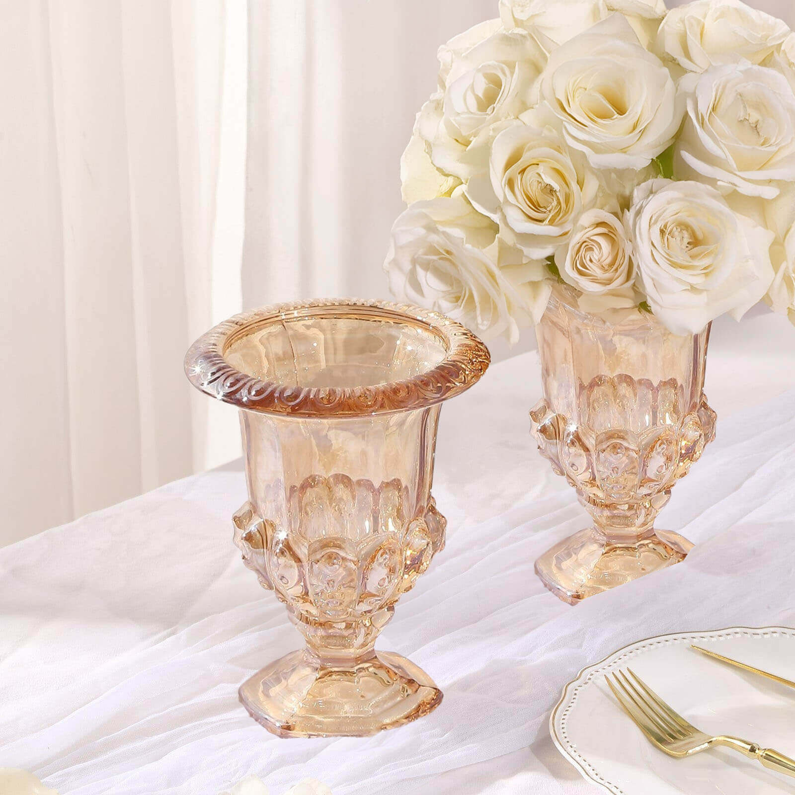 2-Pack Glass Flower Vases Mini Pedestal 8" in Classic Roman Urn Style Amber Gold - Stylish Table Centerpieces - Image 7