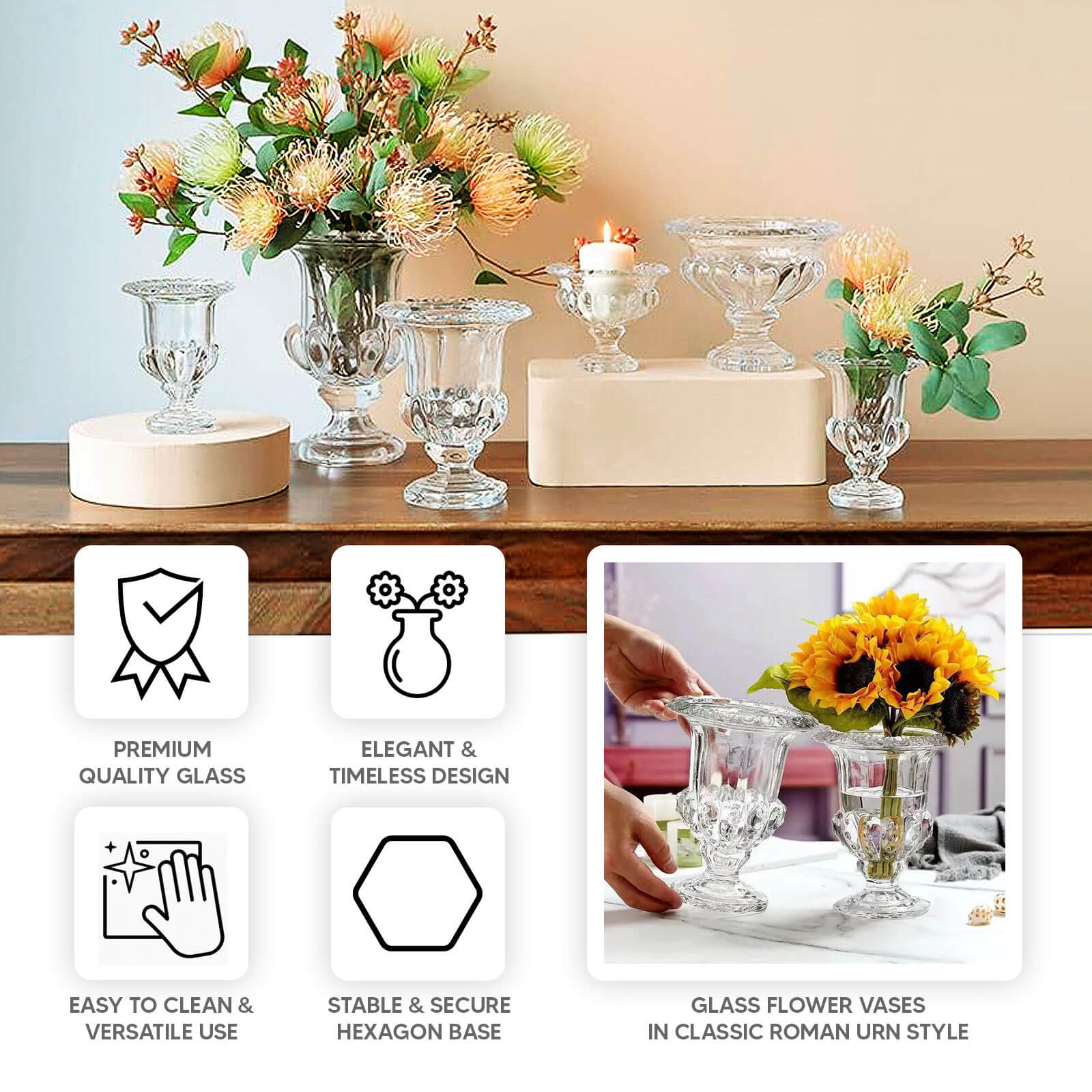 2-Pack Glass Flower Vases Mini Pedestal 8" in Classic Roman Urn Style Clear - Stylish Table Centerpieces - Image 4