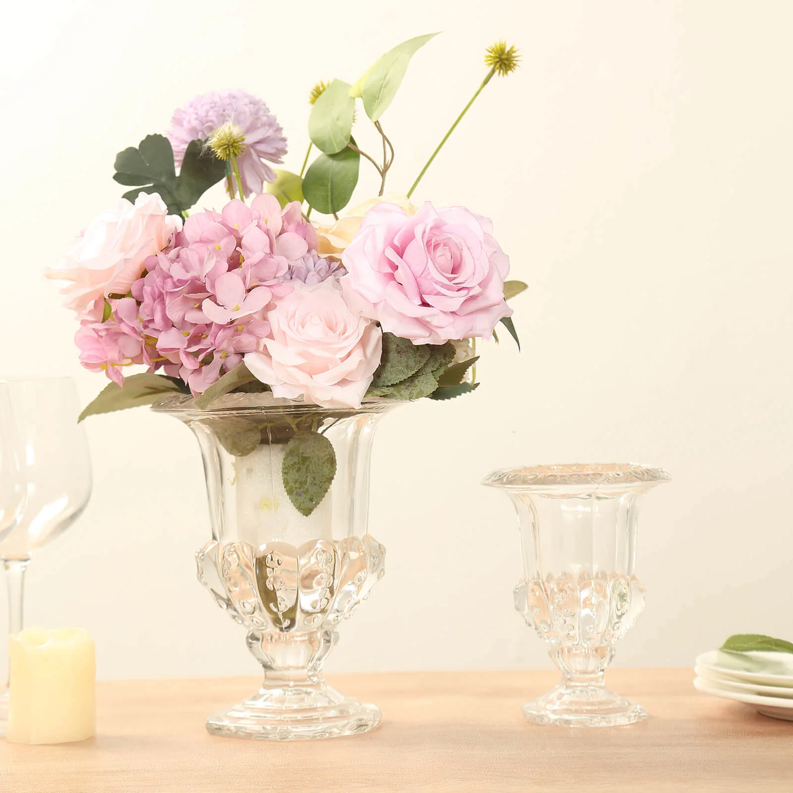 2-Pack Glass Flower Vases Mini Pedestal 8" in Classic Roman Urn Style Clear - Stylish Table Centerpieces - Image 7