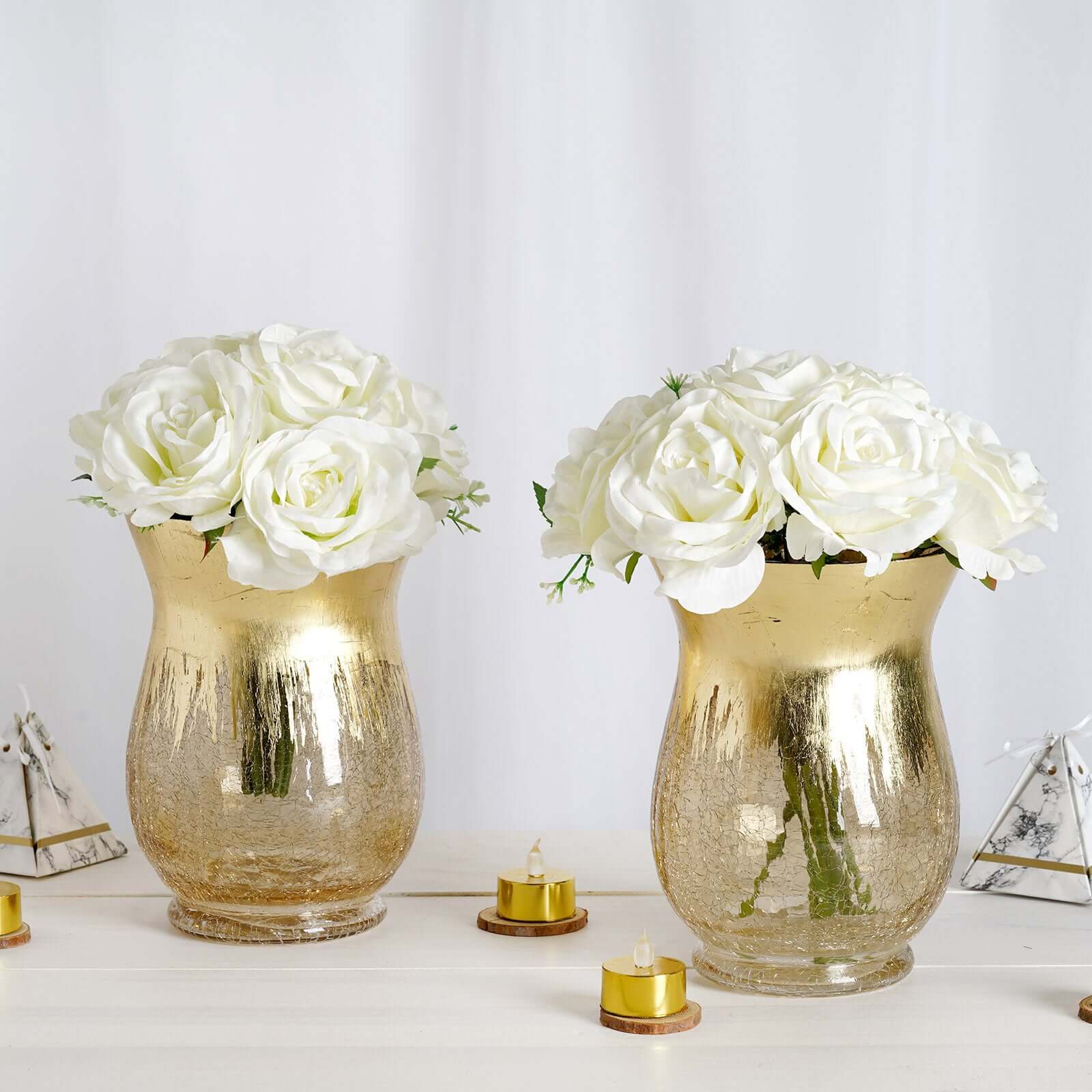 2-Pack Glass Hurricane Vases Bell Shaped 8" Gold Curvy Design - Crackle Finish Tealight Centerpieces