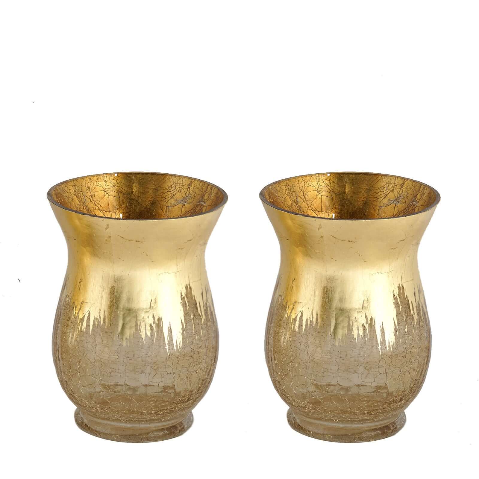 2-Pack Glass Hurricane Vases Bell Shaped 8" Gold Curvy Design - Crackle Finish Tealight Centerpieces - Image 6