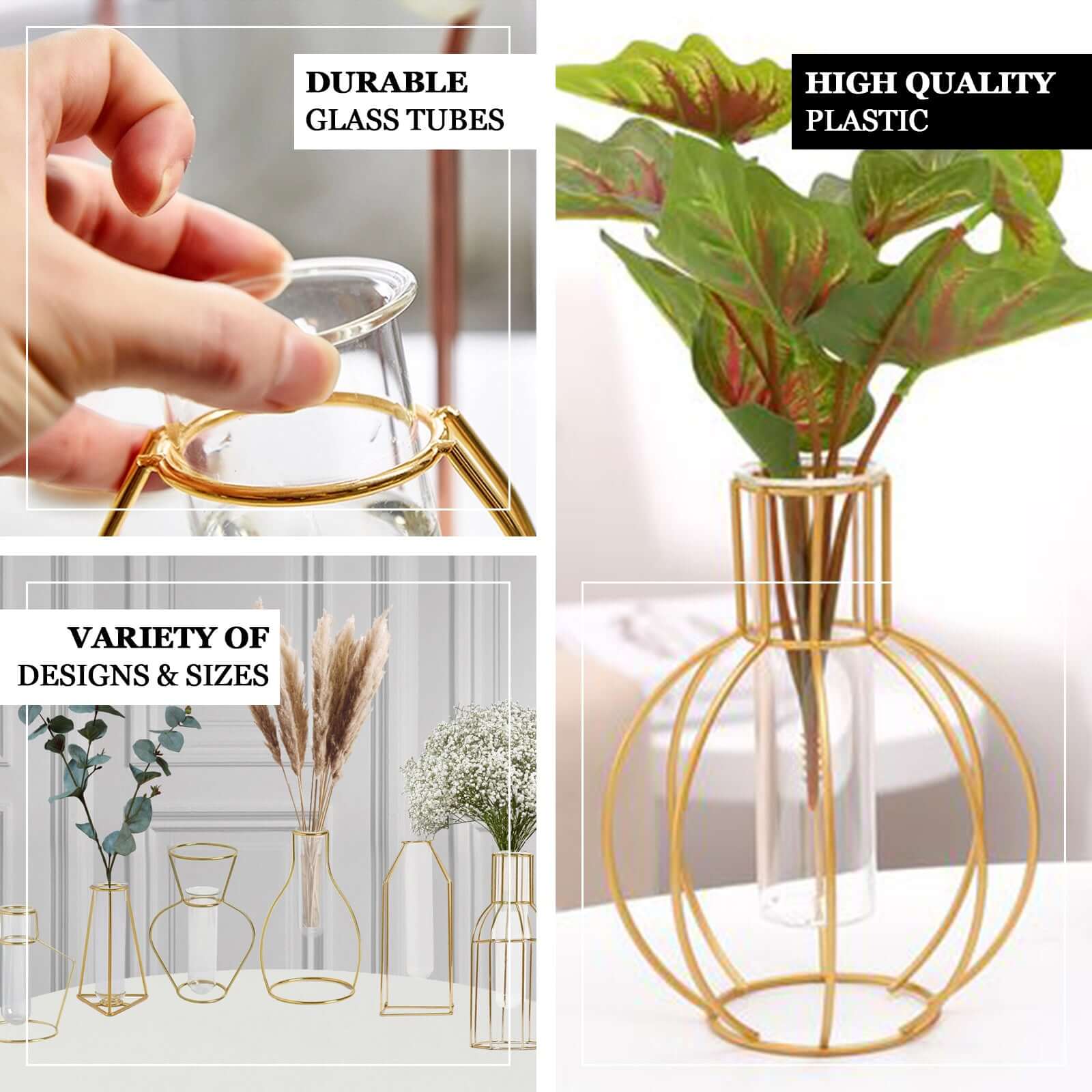 2-Pack Gold Metal Frame Bud Vases 6" Triangular Geometric Design - Test Tube Mini Wedding Centerpieces - Image 4