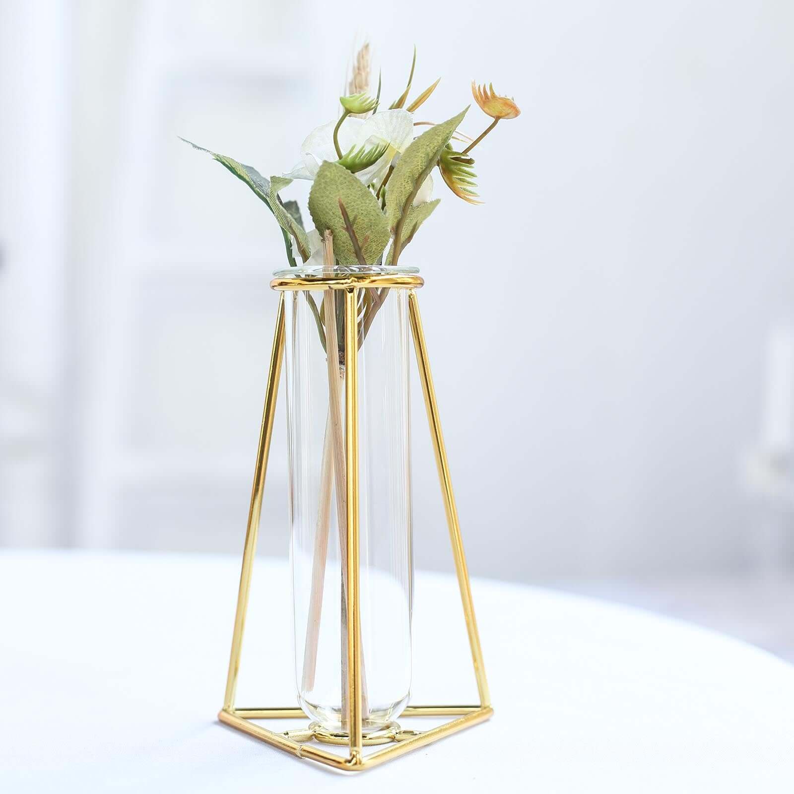 2-Pack Gold Metal Frame Bud Vases 6" Triangular Geometric Design - Test Tube Mini Wedding Centerpieces - Image 7