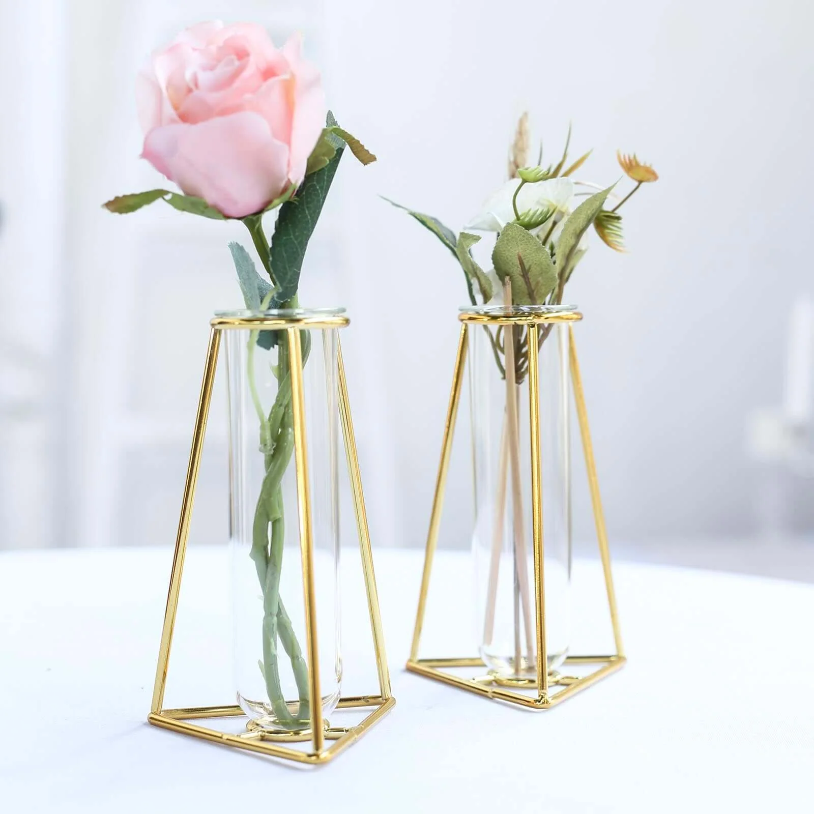 2-Pack Gold Metal Frame Bud Vases 6" Triangular Geometric Design - Test Tube Mini Wedding Centerpieces - Image 8