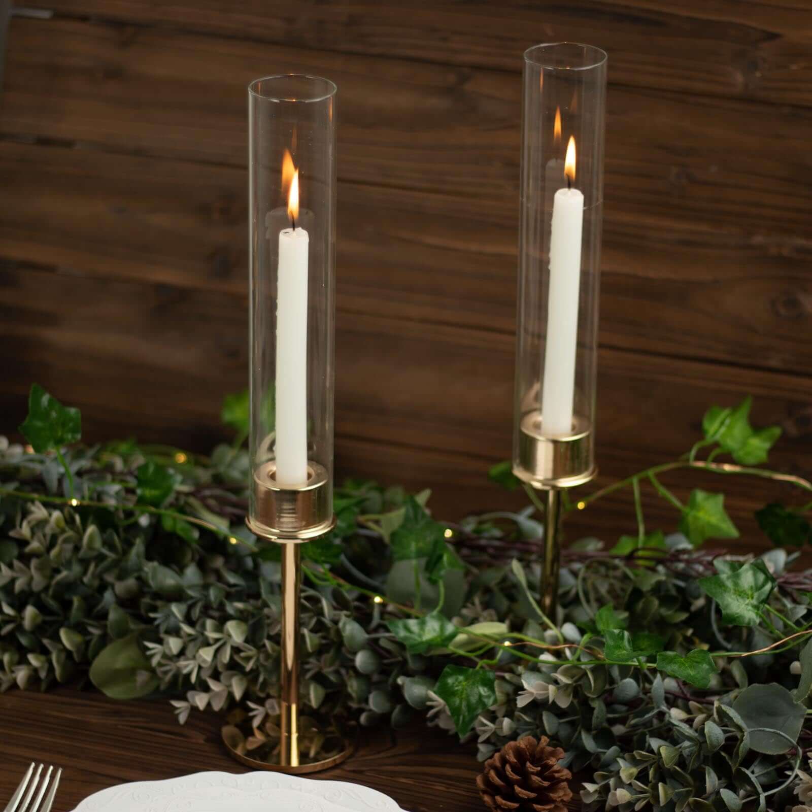 2-Pack Gold Metal Taper Candlestick Holders 16" - Clear Glass Hurricane Candle Stands With Chimney Candle Shades - Image 2