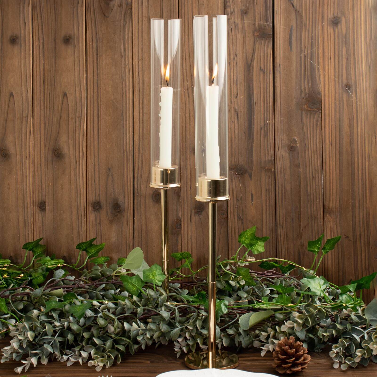 2-Pack Gold Metal Taper Candlestick Holders 20" - Clear Glass Hurricane Candle Stands With Chimney Candle Shades - Image 2