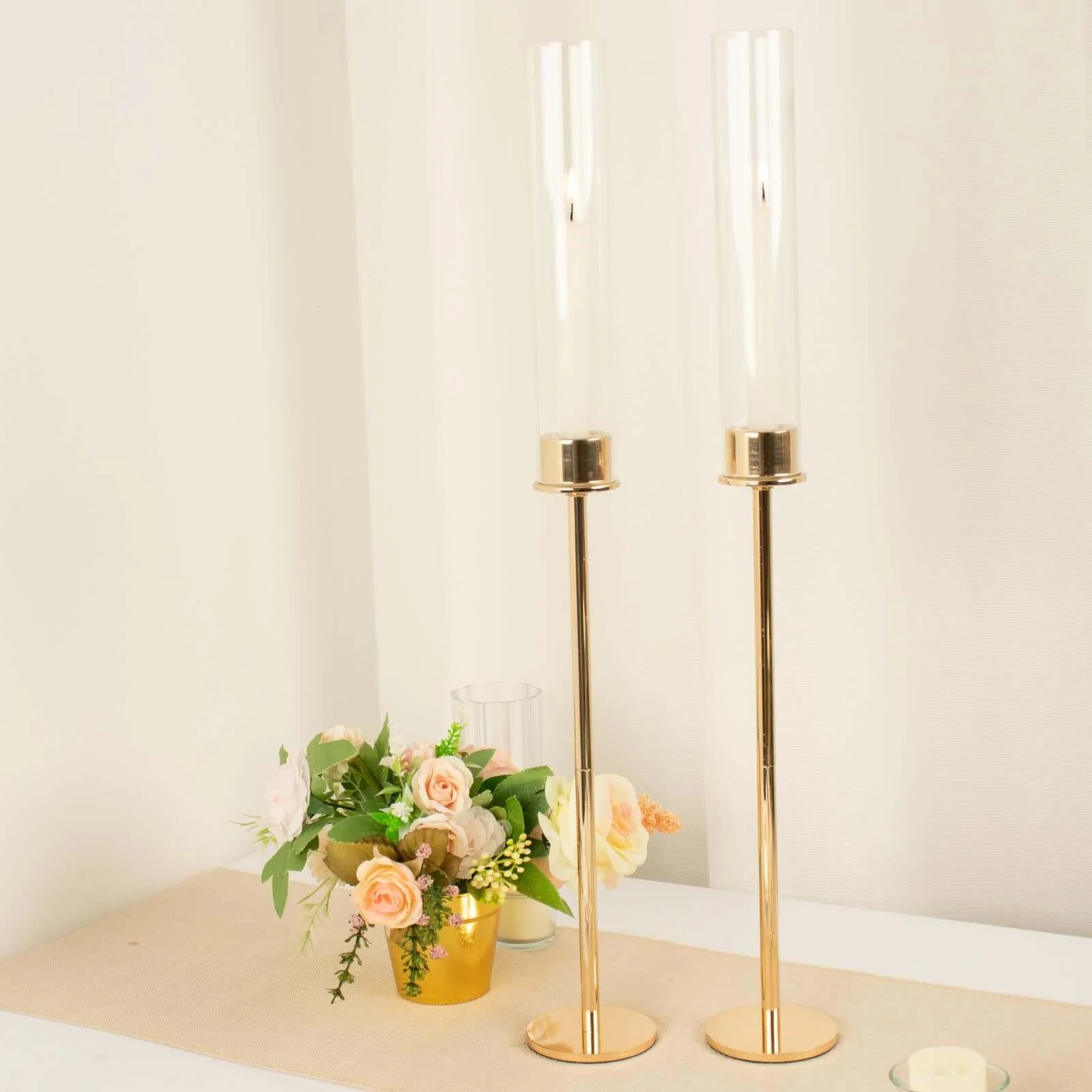 2-Pack Gold Metal Taper Candlestick Holders 24" - Clear Glass Hurricane Candle Stands With Chimney Candle Shades - Image 2